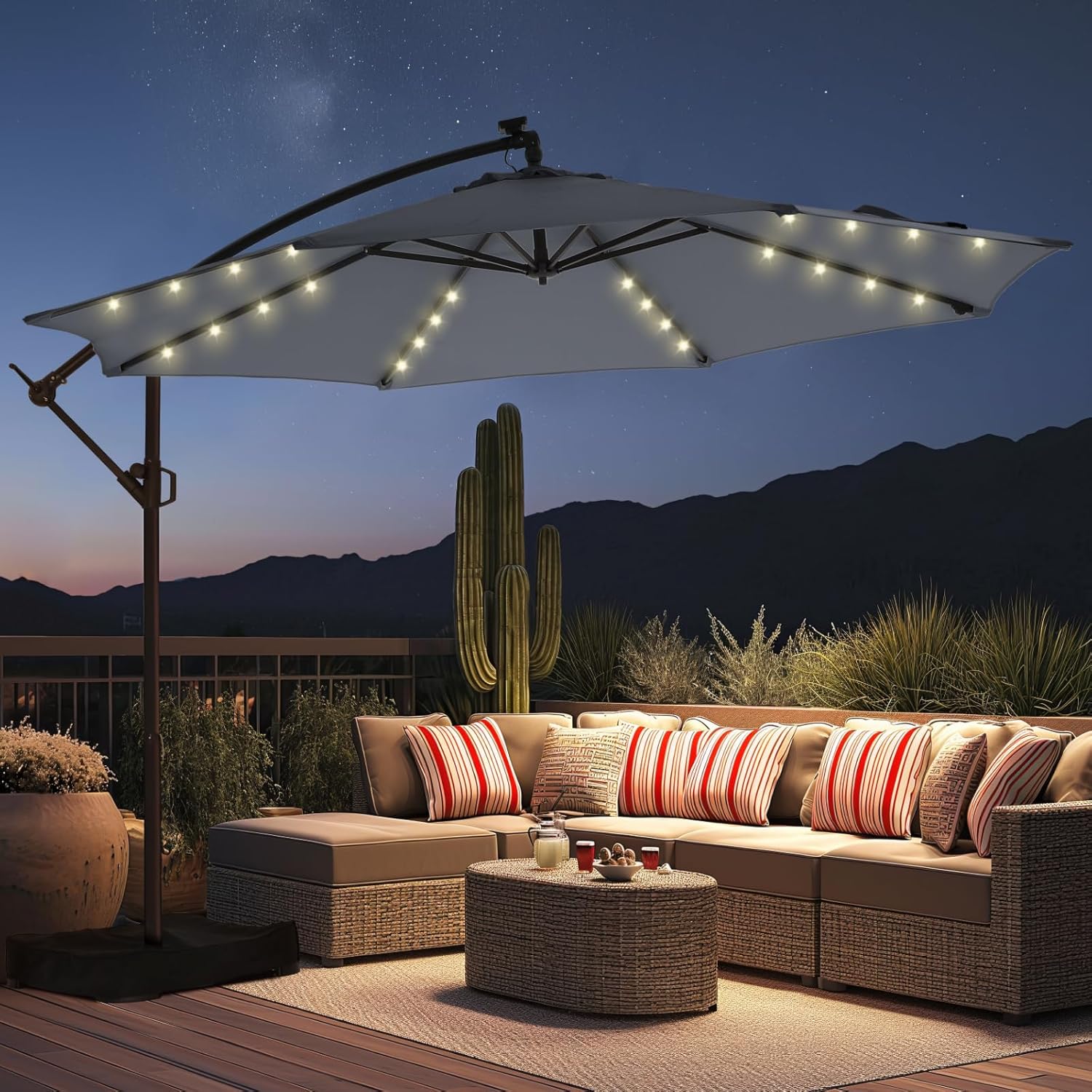 10 Feet Solar Offset Patio Umbrella, LED Lighted Cantilever Hanging Umbrella with Base Included，Easy Tilt and Crank