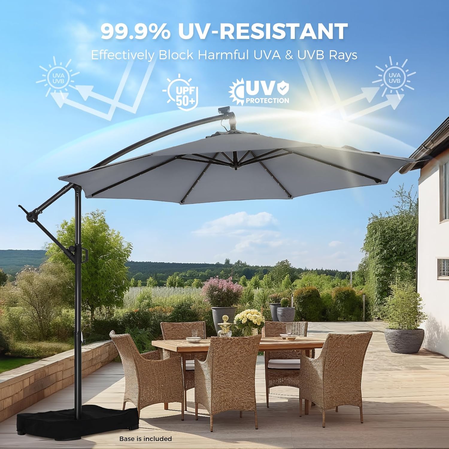 10 Feet Solar Offset Patio Umbrella, LED Lighted Cantilever Hanging Umbrella with Base Included，Easy Tilt and Crank