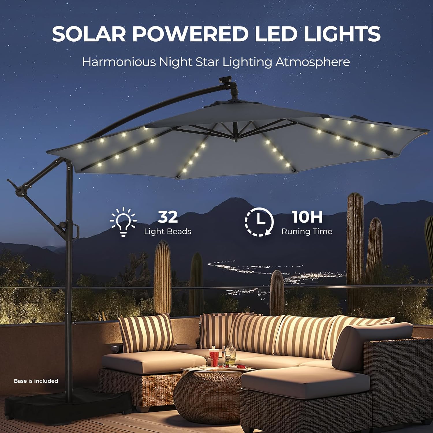 10 Feet Solar Offset Patio Umbrella, LED Lighted Cantilever Hanging Umbrella with Base Included，Easy Tilt and Crank
