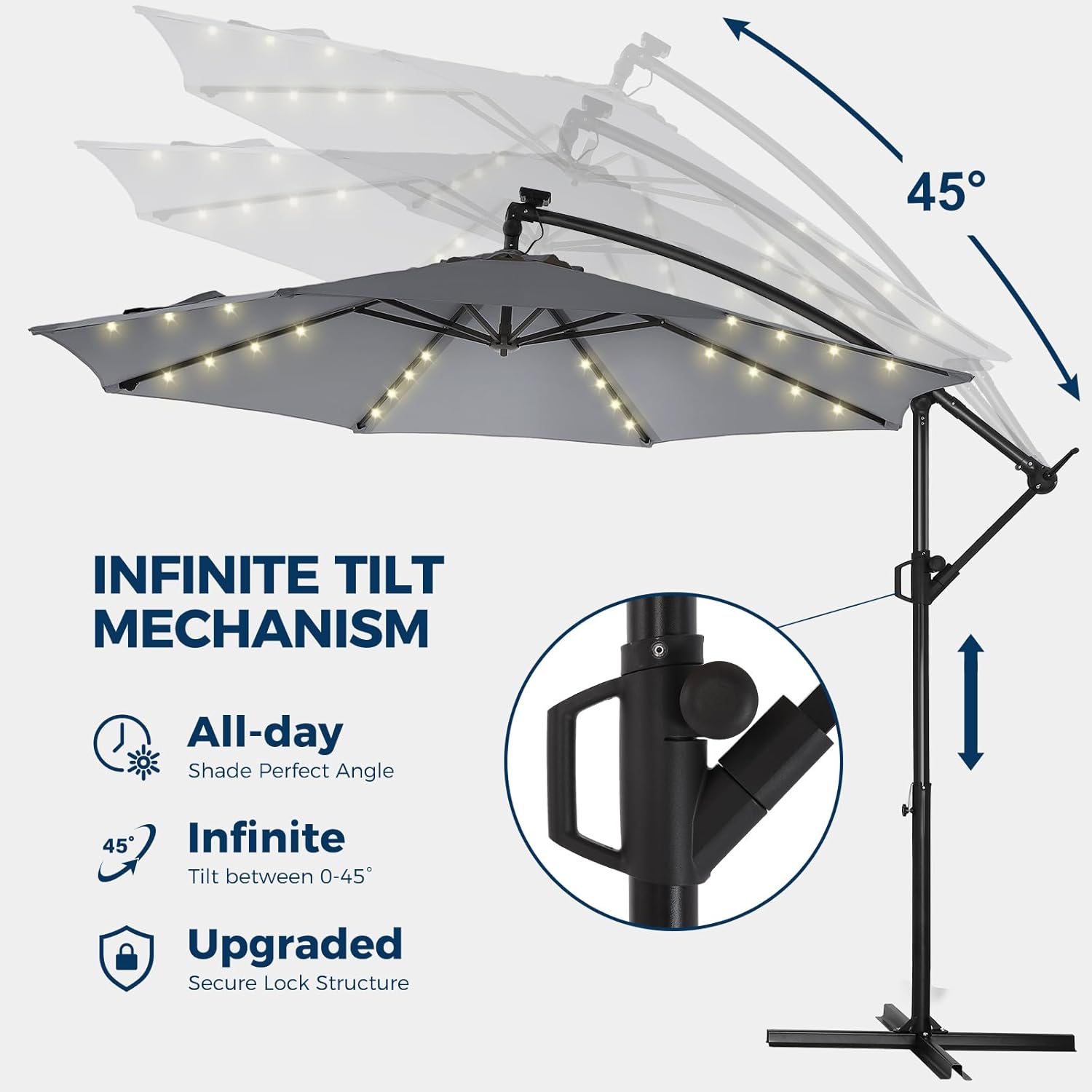10 Feet Solar Offset Patio Umbrella, LED Lighted Cantilever Hanging Umbrella with Base Included，Easy Tilt and Crank