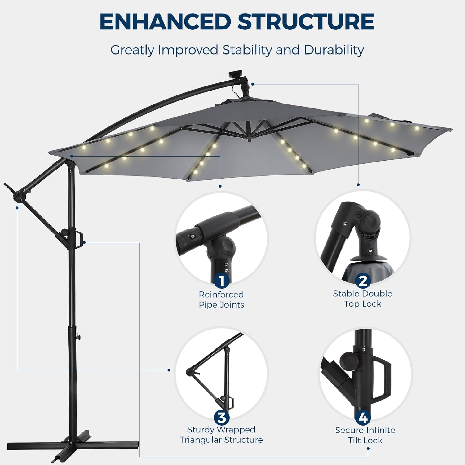 10 Feet Solar Offset Patio Umbrella, LED Lighted Cantilever Hanging Umbrella with Base Included，Easy Tilt and Crank