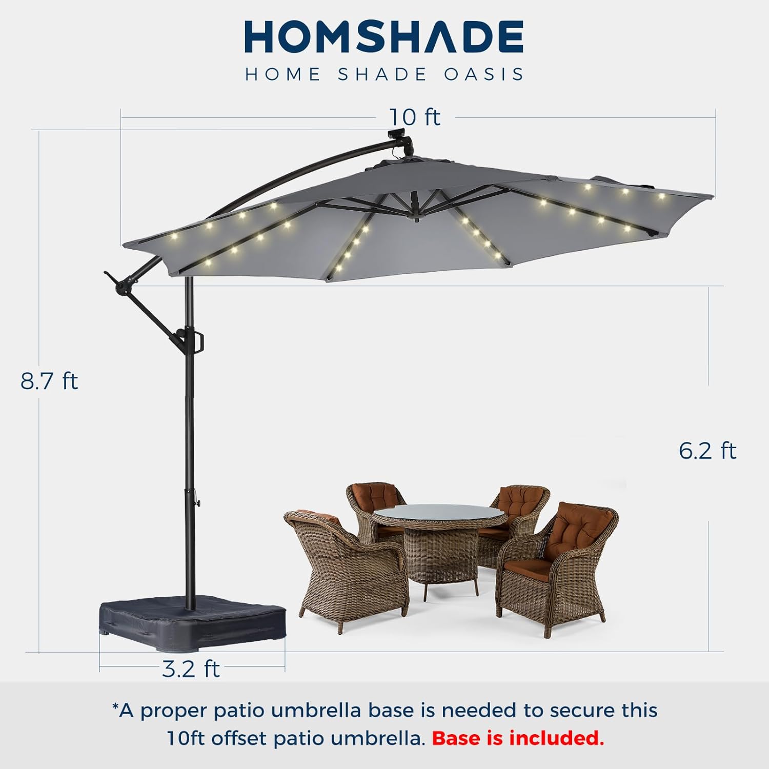10 Feet Solar Offset Patio Umbrella, LED Lighted Cantilever Hanging Umbrella with Base Included，Easy Tilt and Crank