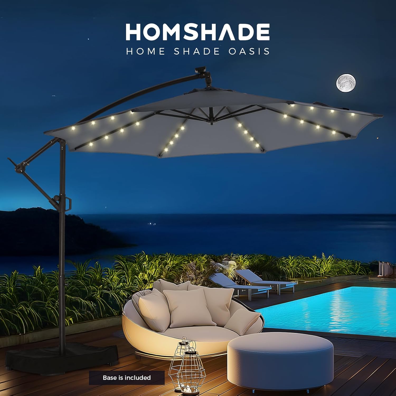 10 Feet Solar Offset Patio Umbrella, LED Lighted Cantilever Hanging Umbrella with Base Included，Easy Tilt and Crank