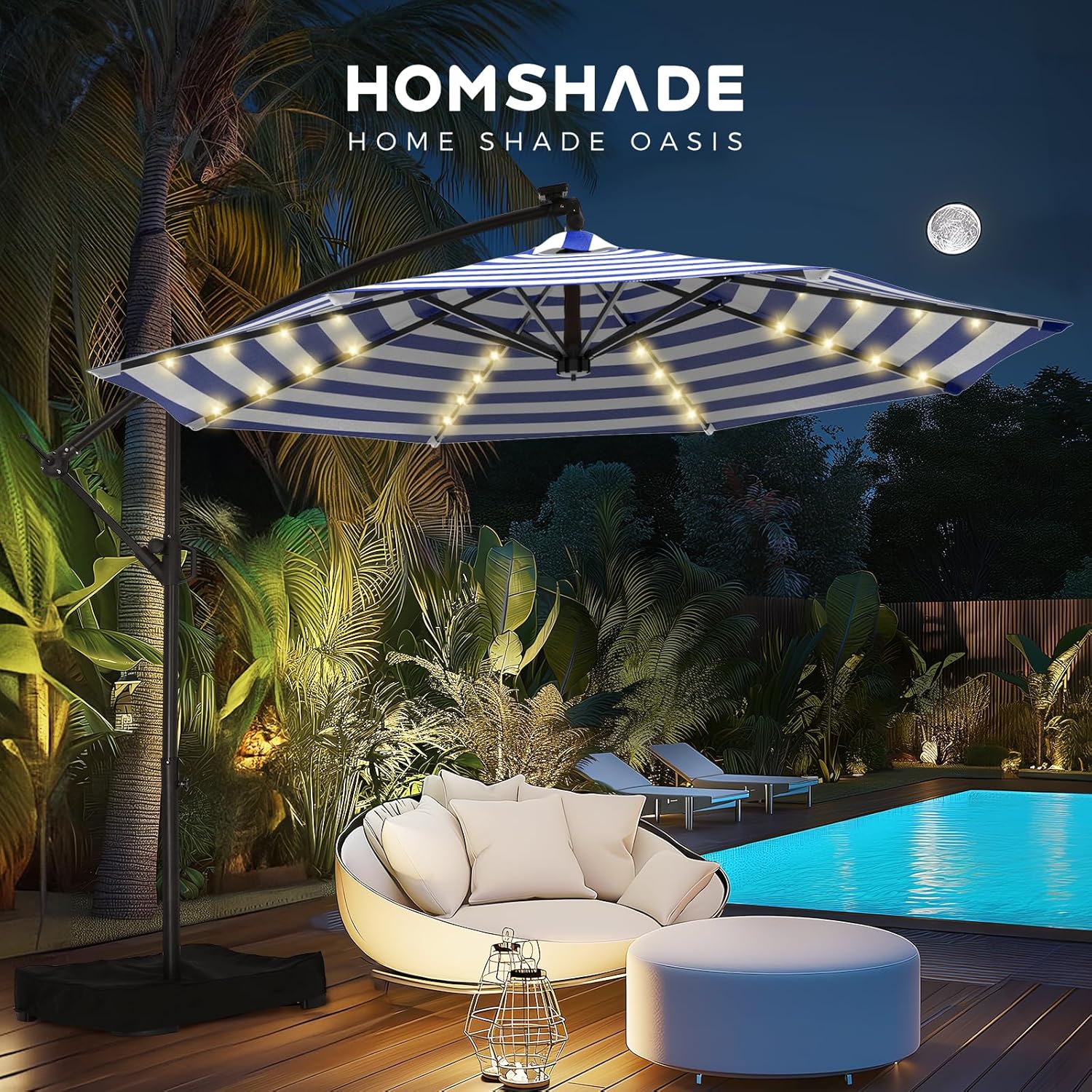 10 Feet Solar Offset Patio Umbrella, LED Lighted Cantilever Hanging Umbrella with Base Included，Easy Tilt and Crank