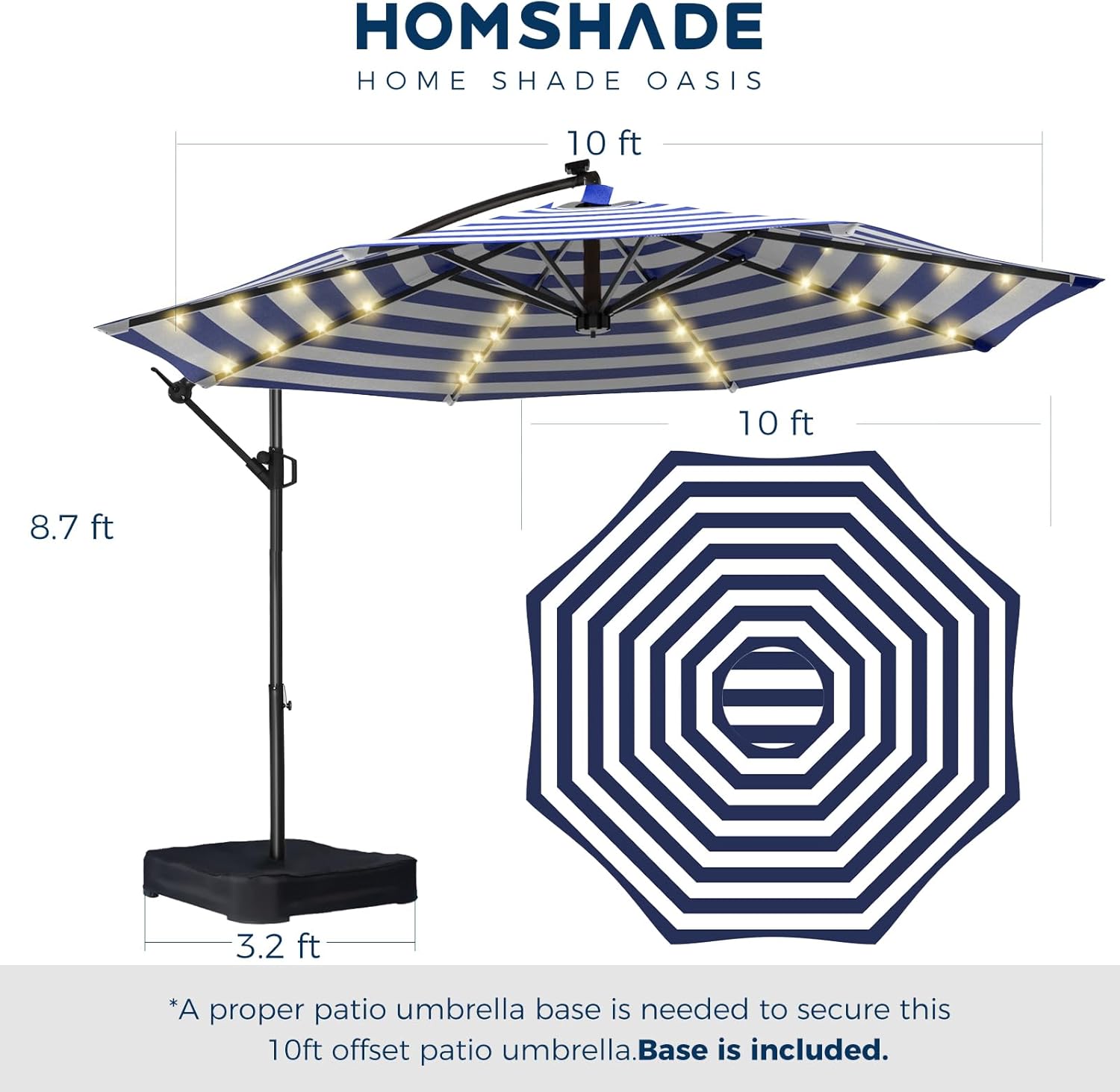 10 Feet Solar Offset Patio Umbrella, LED Lighted Cantilever Hanging Umbrella with Base Included，Easy Tilt and Crank