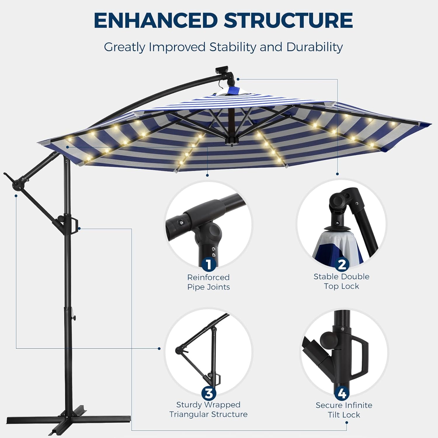 10 Feet Solar Offset Patio Umbrella, LED Lighted Cantilever Hanging Umbrella with Base Included，Easy Tilt and Crank