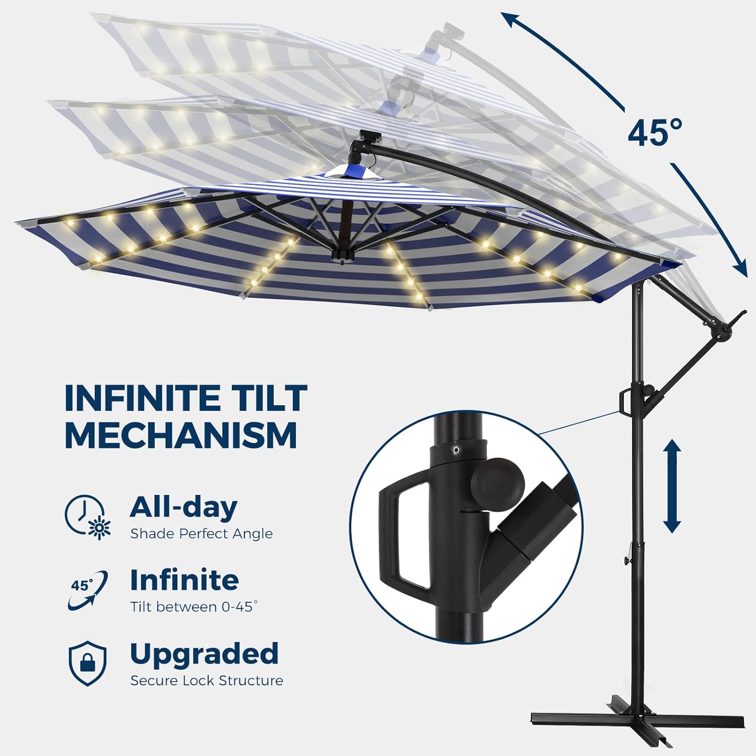 10 Feet Solar Offset Patio Umbrella, LED Lighted Cantilever Hanging Umbrella with Base Included，Easy Tilt and Crank