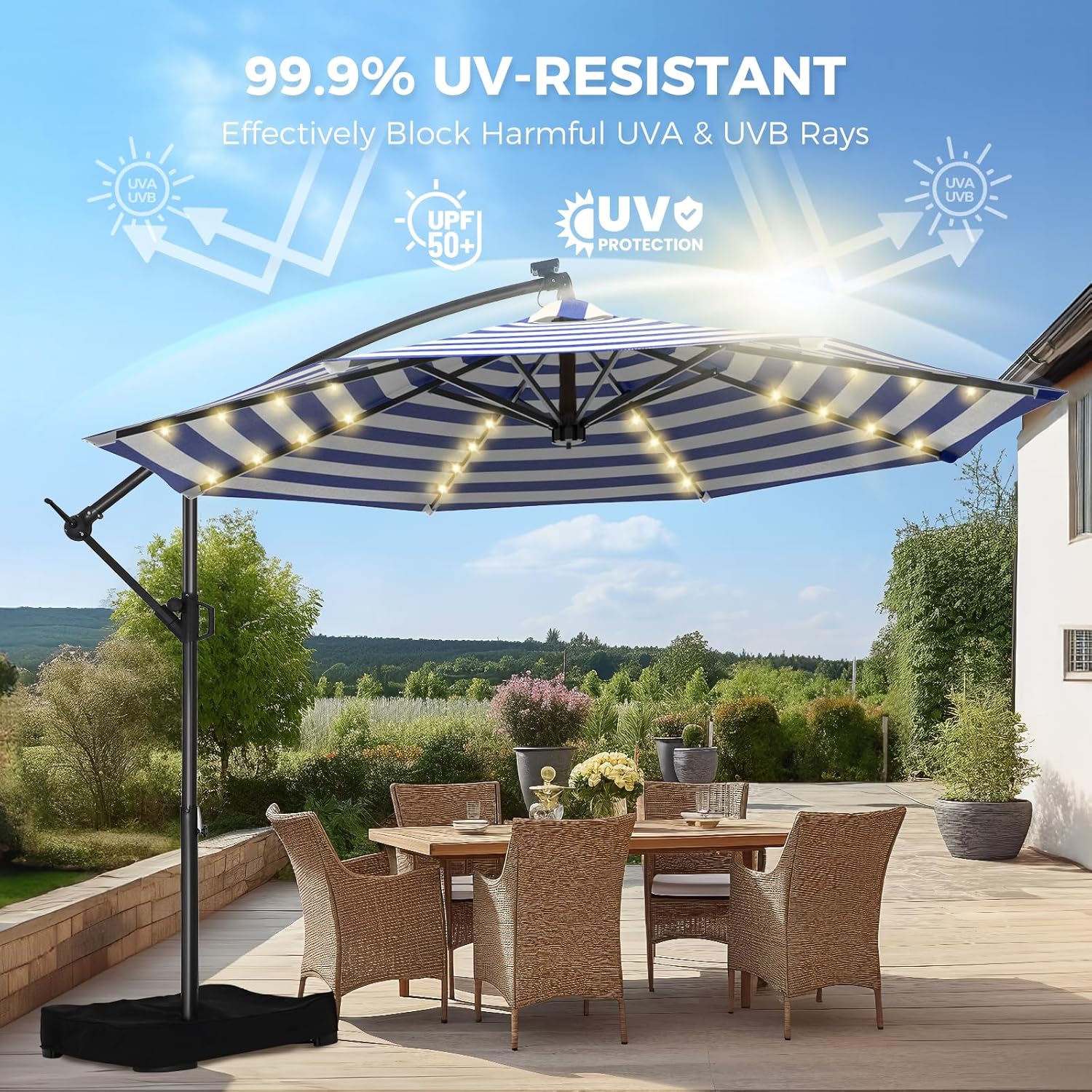 10 Feet Solar Offset Patio Umbrella, LED Lighted Cantilever Hanging Umbrella with Base Included，Easy Tilt and Crank