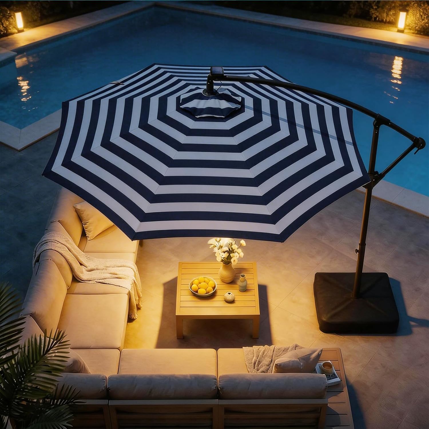 10 Feet Solar Offset Patio Umbrella, LED Lighted Cantilever Hanging Umbrella with Base Included，Easy Tilt and Crank