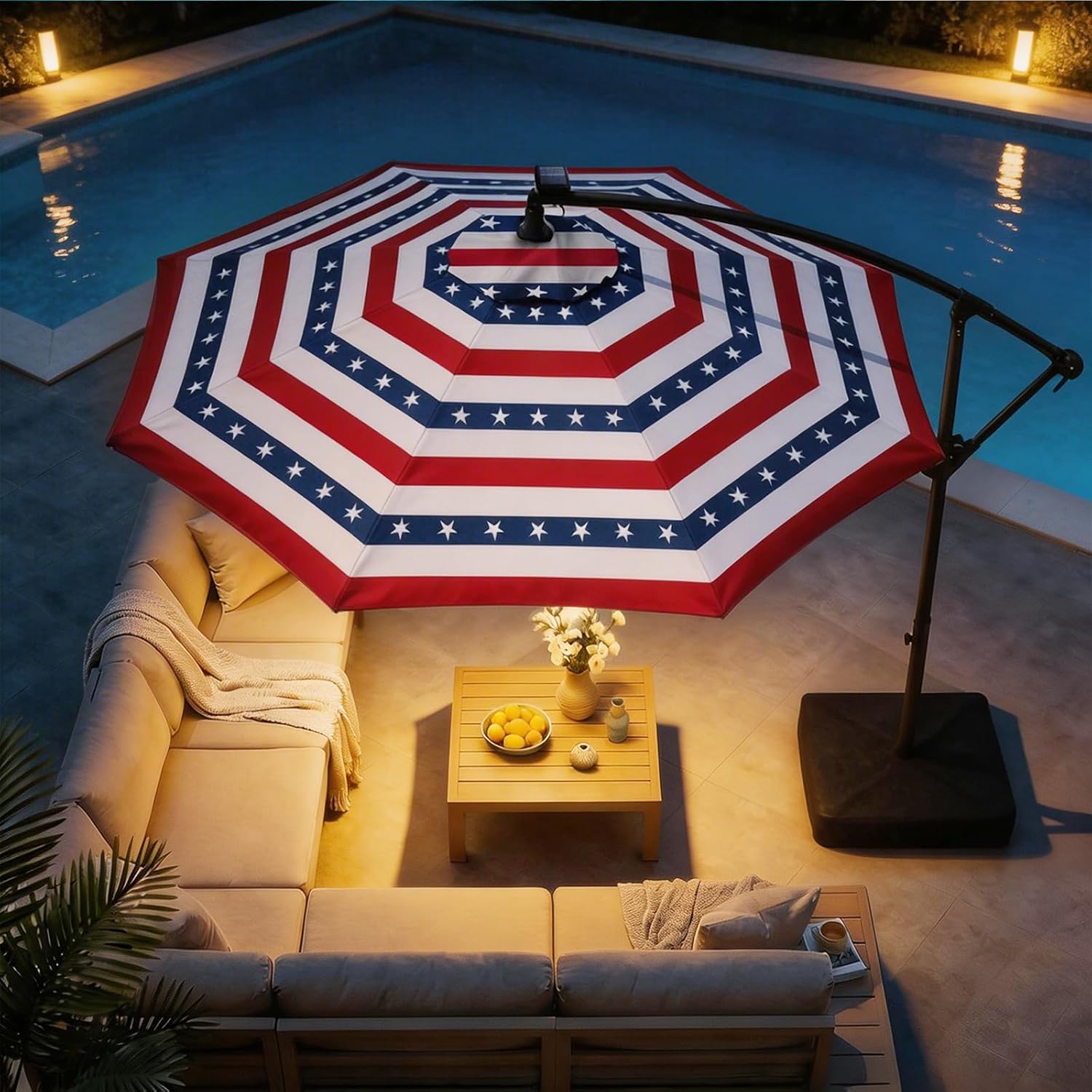 10 Feet Solar Offset Patio Umbrella, LED Lighted Cantilever Hanging Umbrella with Base Included，Easy Tilt and Crank