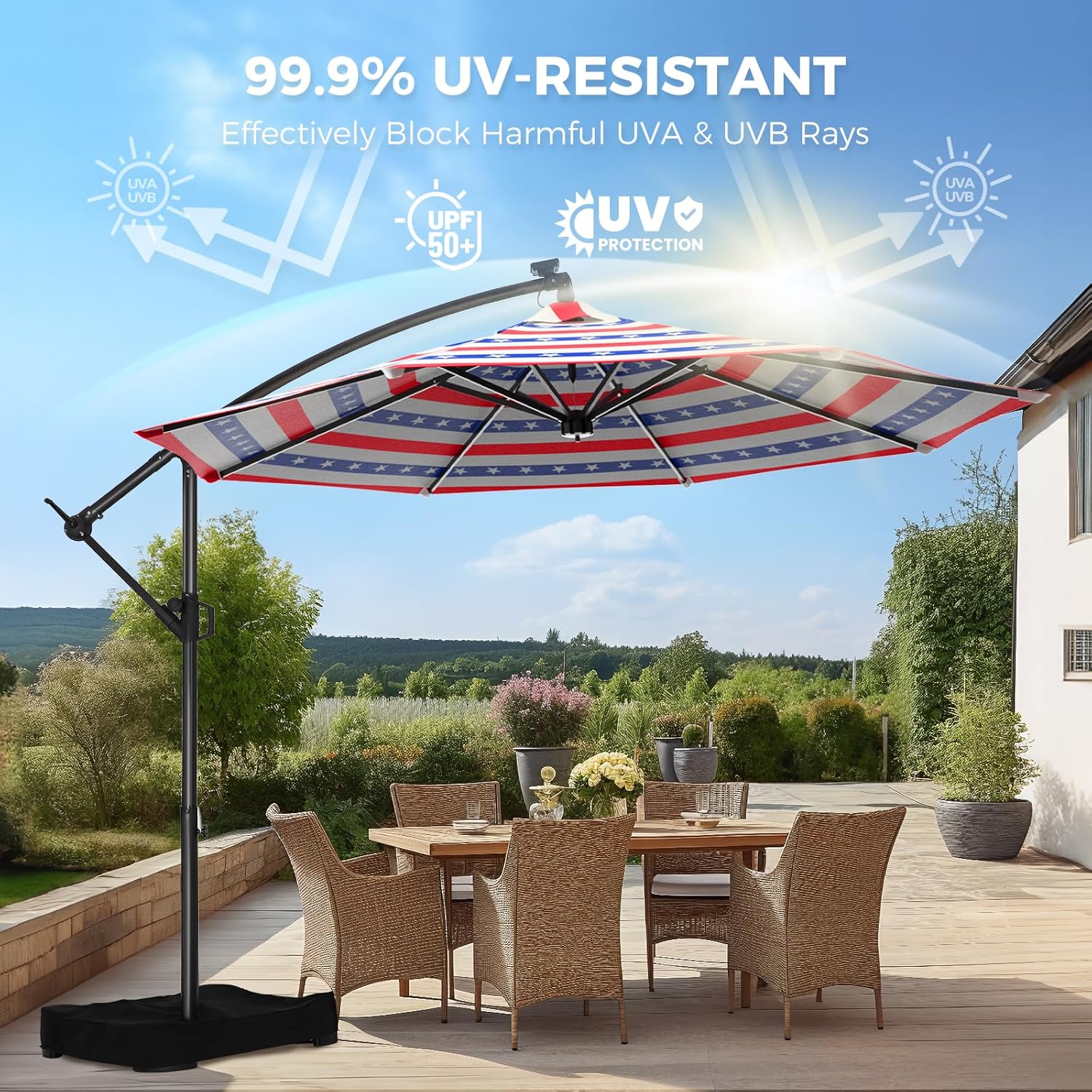 10 Feet Solar Offset Patio Umbrella, LED Lighted Cantilever Hanging Umbrella with Base Included，Easy Tilt and Crank