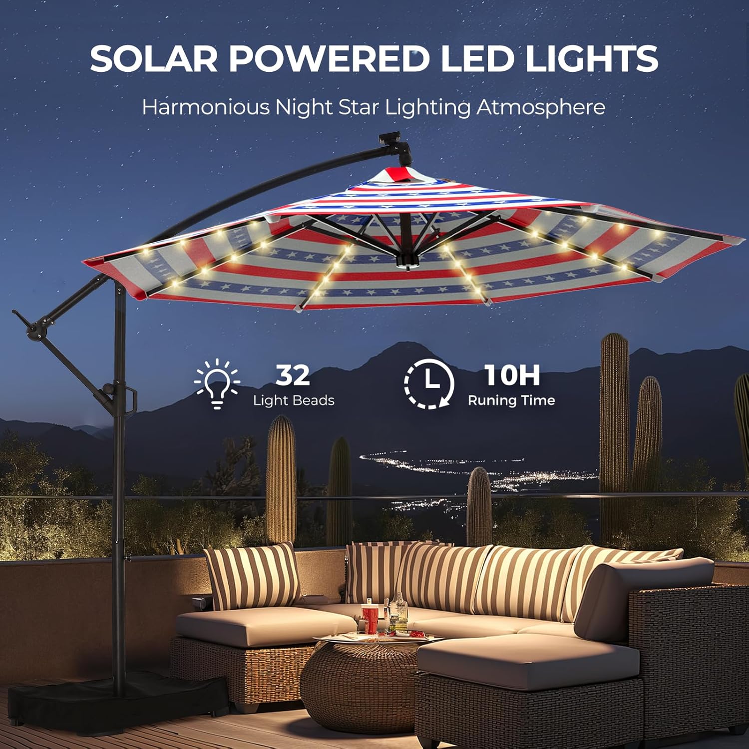 10 Feet Solar Offset Patio Umbrella, LED Lighted Cantilever Hanging Umbrella with Base Included，Easy Tilt and Crank