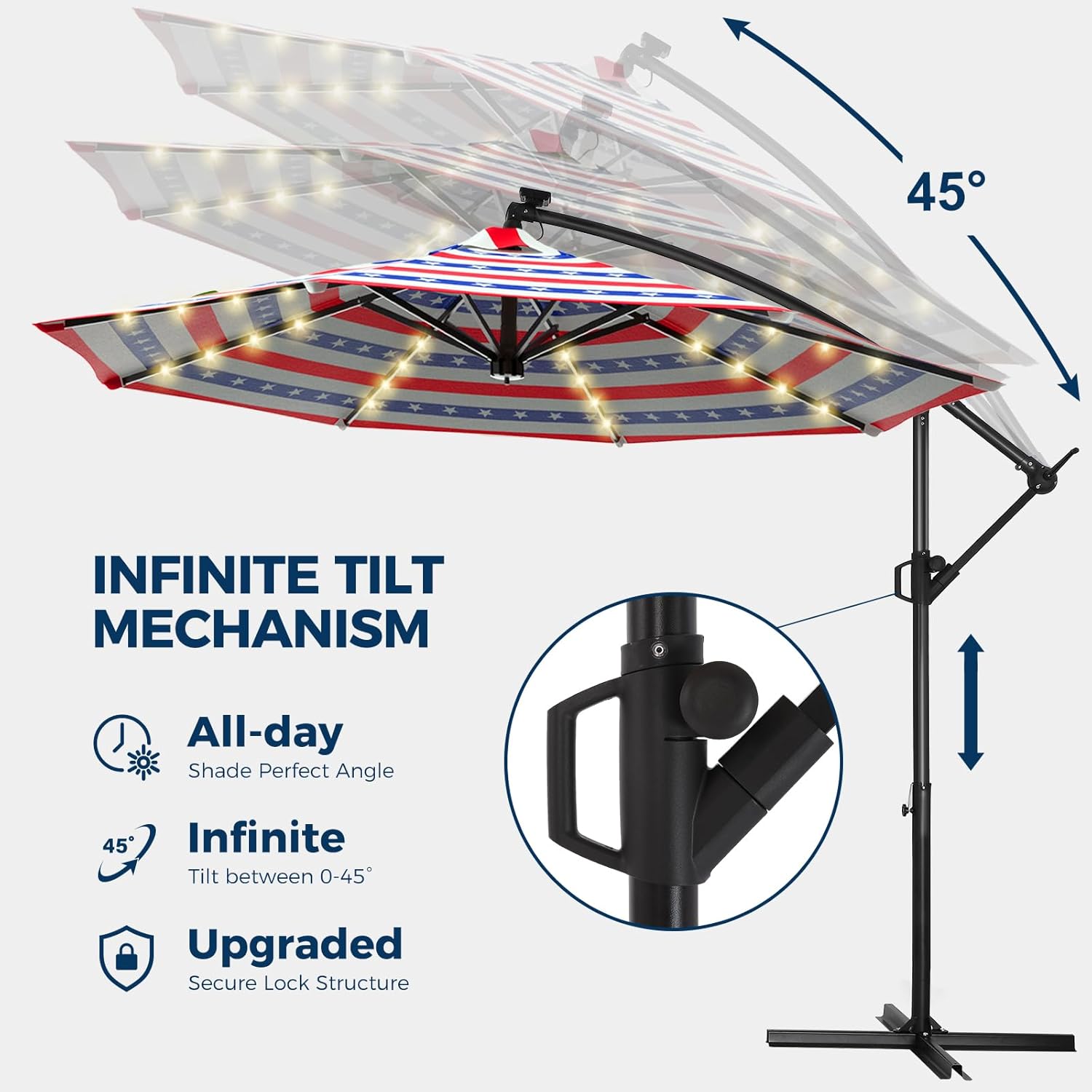 10 Feet Solar Offset Patio Umbrella, LED Lighted Cantilever Hanging Umbrella with Base Included，Easy Tilt and Crank