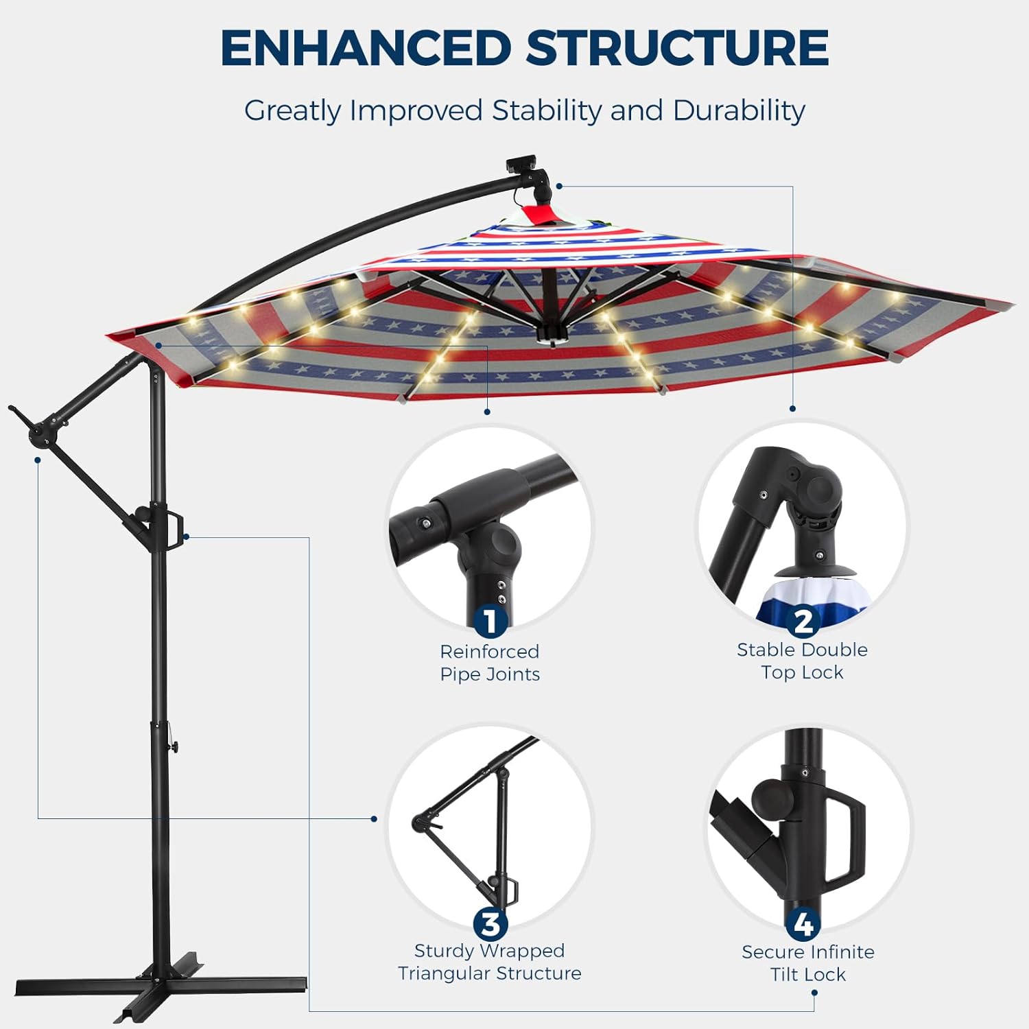 10 Feet Solar Offset Patio Umbrella, LED Lighted Cantilever Hanging Umbrella with Base Included，Easy Tilt and Crank