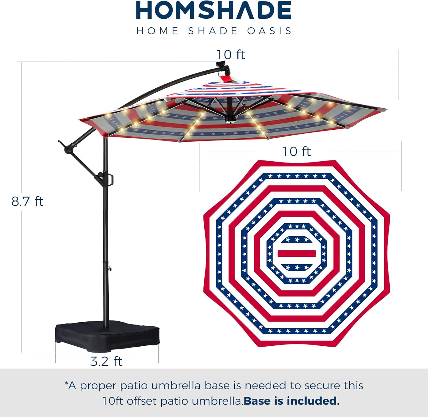 10 Feet Solar Offset Patio Umbrella, LED Lighted Cantilever Hanging Umbrella with Base Included，Easy Tilt and Crank