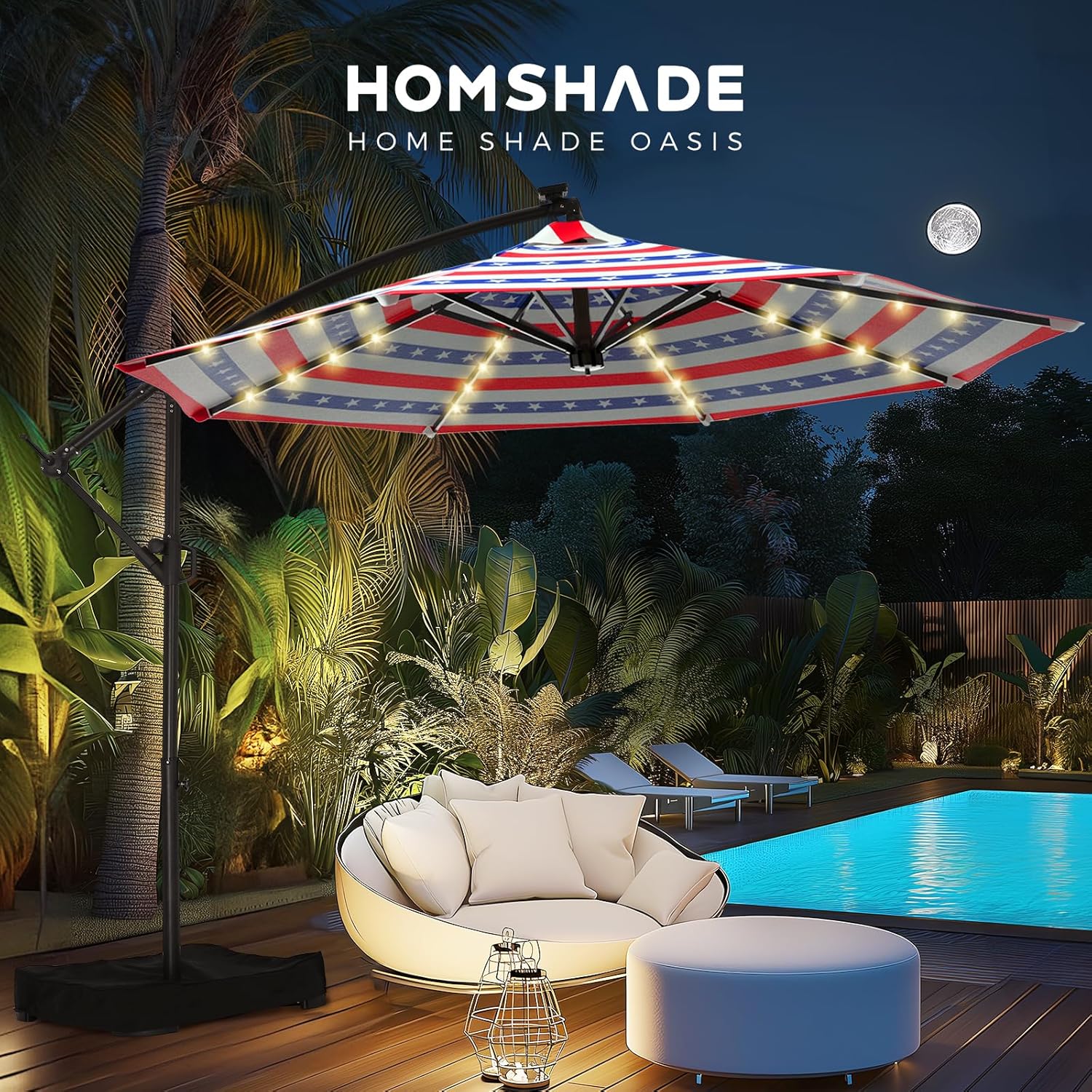 10 Feet Solar Offset Patio Umbrella, LED Lighted Cantilever Hanging Umbrella with Base Included，Easy Tilt and Crank