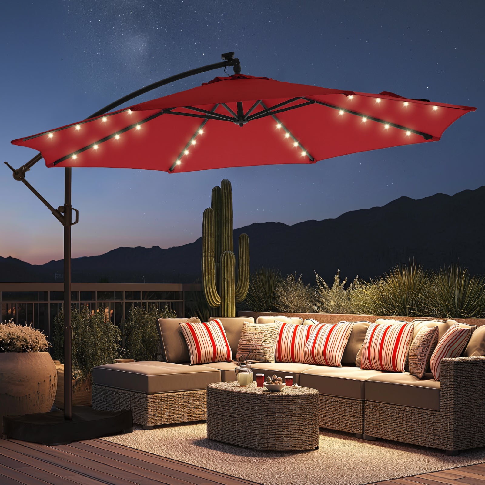 10 Feet Solar Offset Patio Umbrella, LED Lighted Cantilever Hanging Umbrella with Base Included，Easy Tilt and Crank