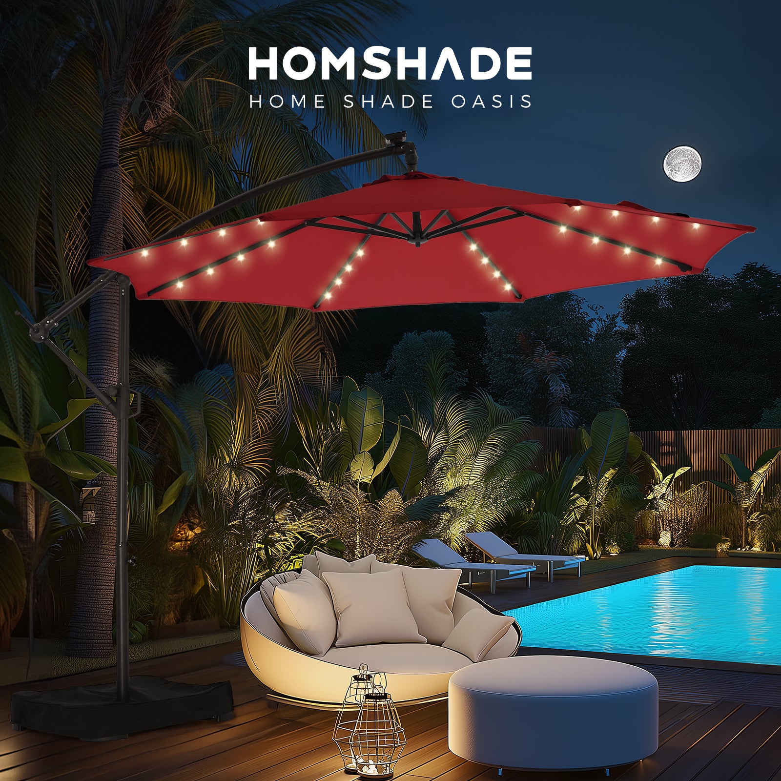 10 Feet Solar Offset Patio Umbrella, LED Lighted Cantilever Hanging Umbrella with Base Included，Easy Tilt and Crank