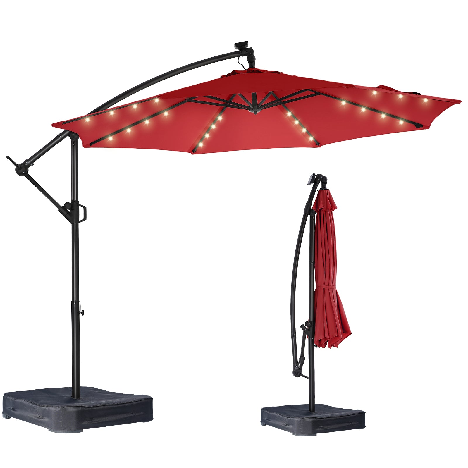 10 Feet Solar Offset Patio Umbrella, LED Lighted Cantilever Hanging Umbrella with Base Included，Easy Tilt and Crank