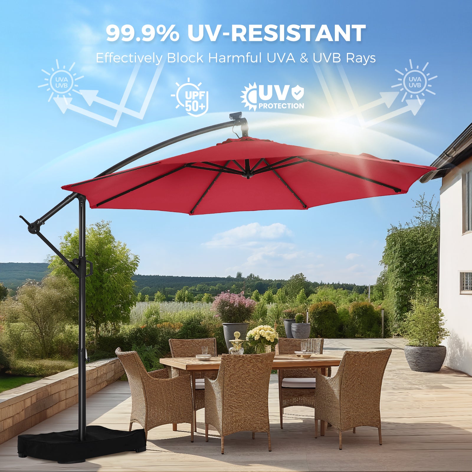 10 Feet Solar Offset Patio Umbrella, LED Lighted Cantilever Hanging Umbrella with Base Included，Easy Tilt and Crank