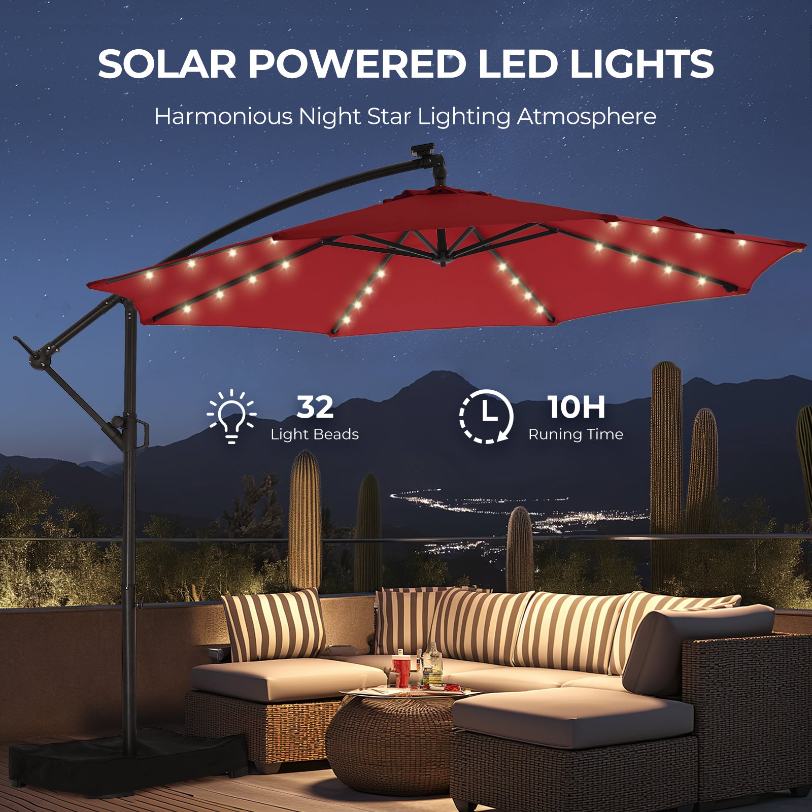 10 Feet Solar Offset Patio Umbrella, LED Lighted Cantilever Hanging Umbrella with Base Included，Easy Tilt and Crank