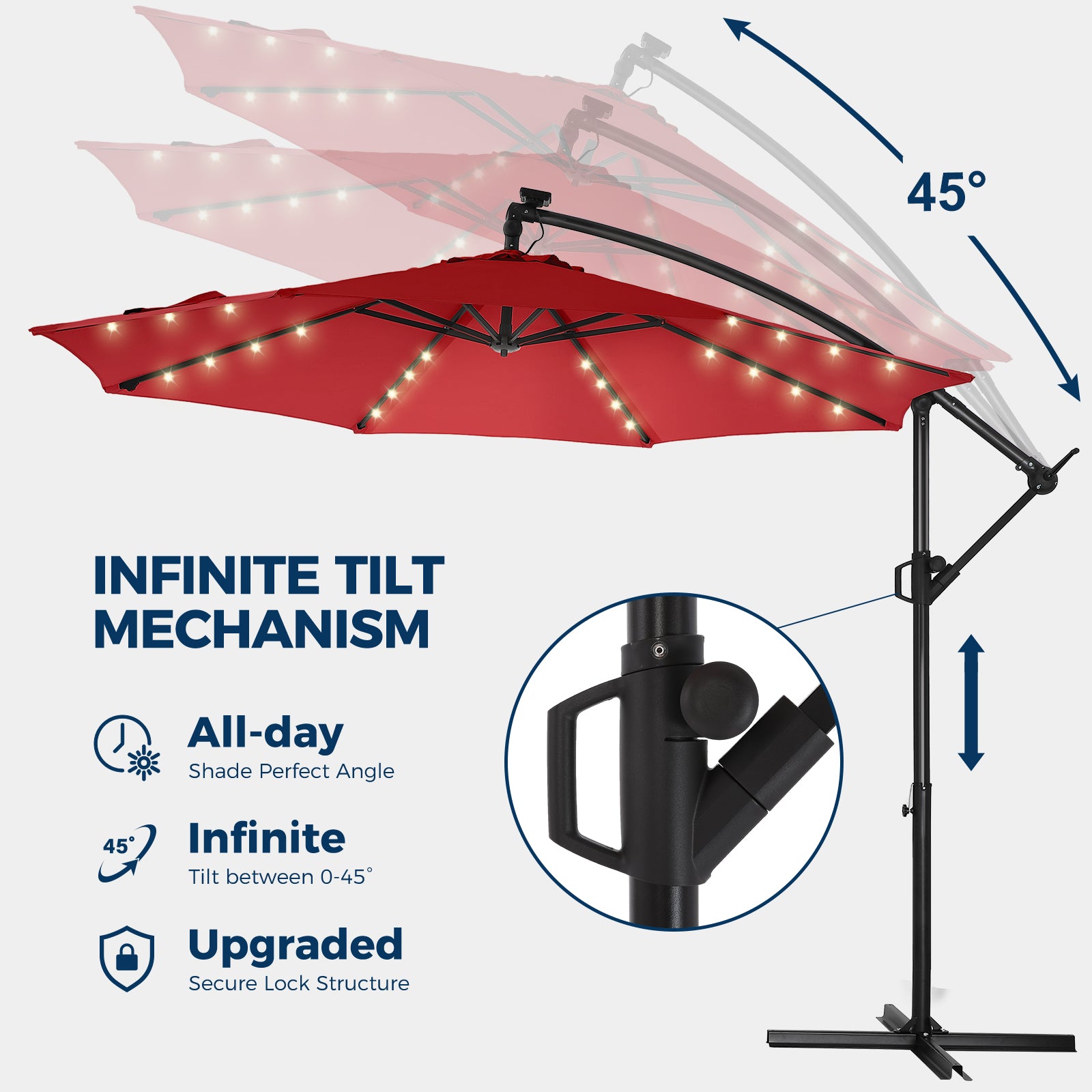 10 Feet Solar Offset Patio Umbrella, LED Lighted Cantilever Hanging Umbrella with Base Included，Easy Tilt and Crank
