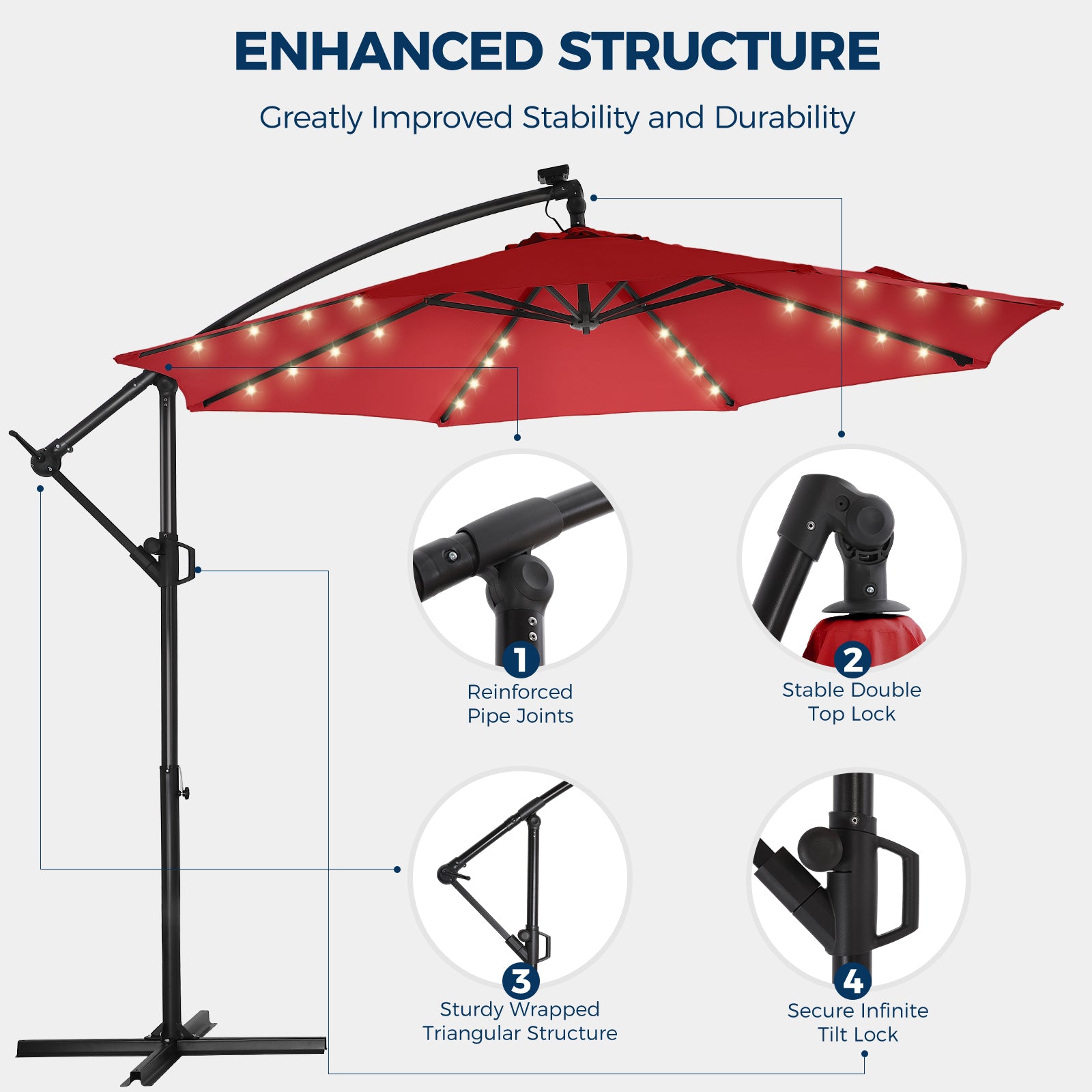 10 Feet Solar Offset Patio Umbrella, LED Lighted Cantilever Hanging Umbrella with Base Included，Easy Tilt and Crank