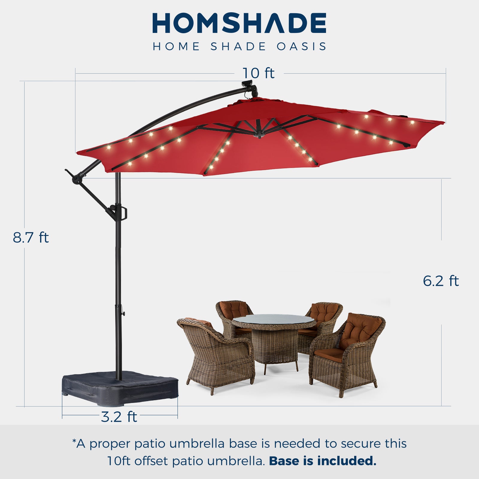 10 Feet Solar Offset Patio Umbrella, LED Lighted Cantilever Hanging Umbrella with Base Included，Easy Tilt and Crank