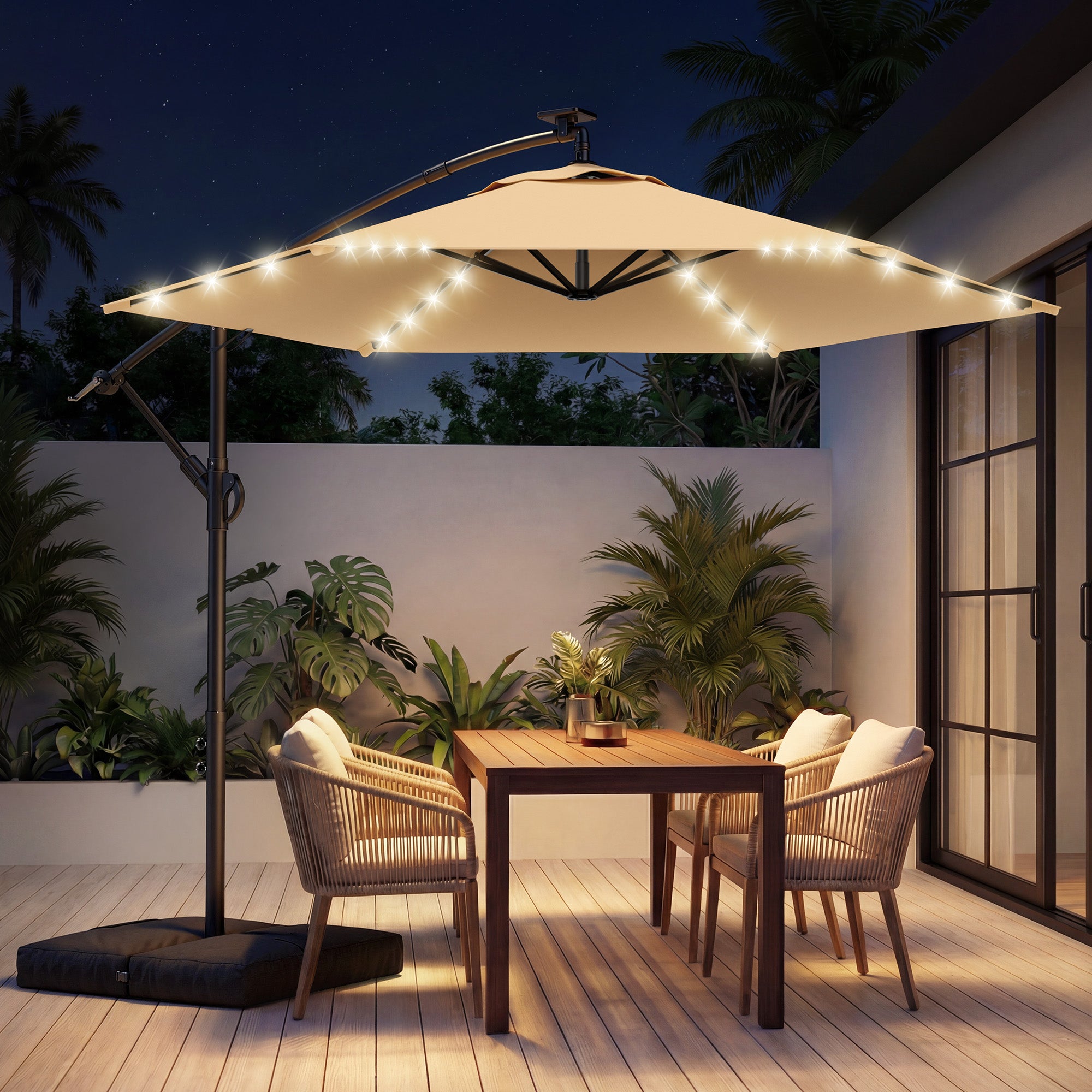 HY21LBD Cantilever Patio Umbrella with Base, Solar LED 10ft Outdoor Offset Umbrella
