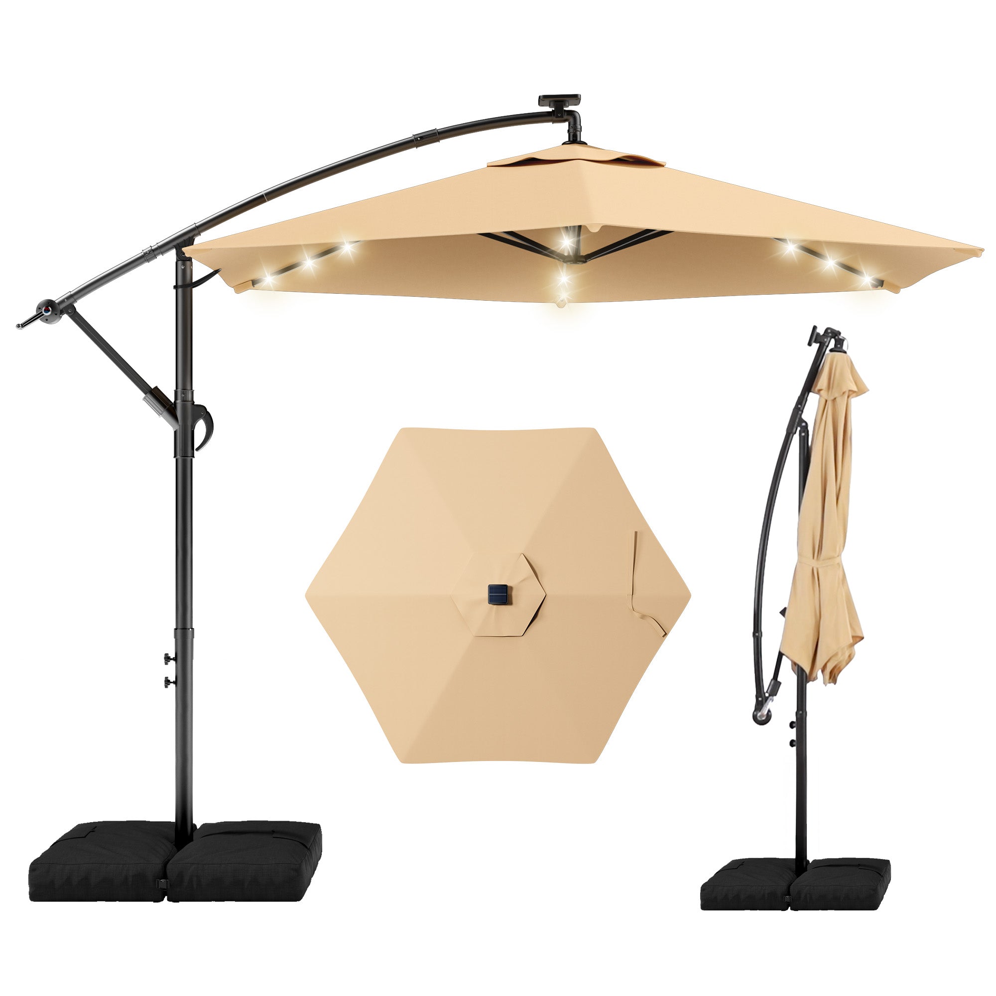 HY21LBD Cantilever Patio Umbrella with Base, Solar LED 10ft Outdoor Offset Umbrella