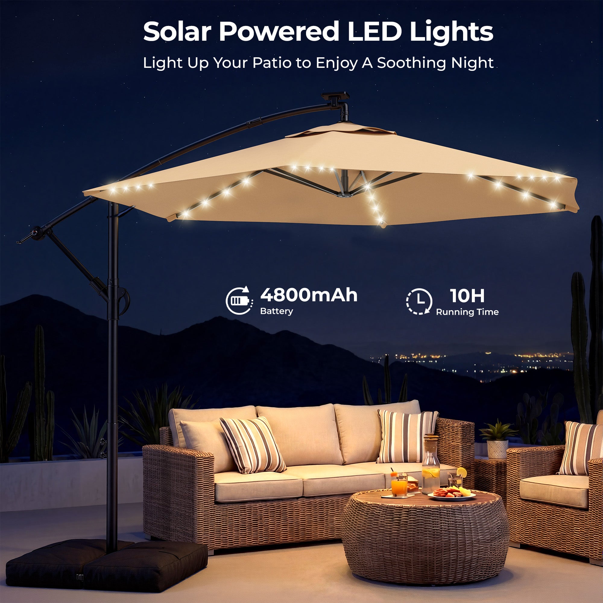 HY21LBD Cantilever Patio Umbrella with Base, Solar LED 10ft Outdoor Offset Umbrella