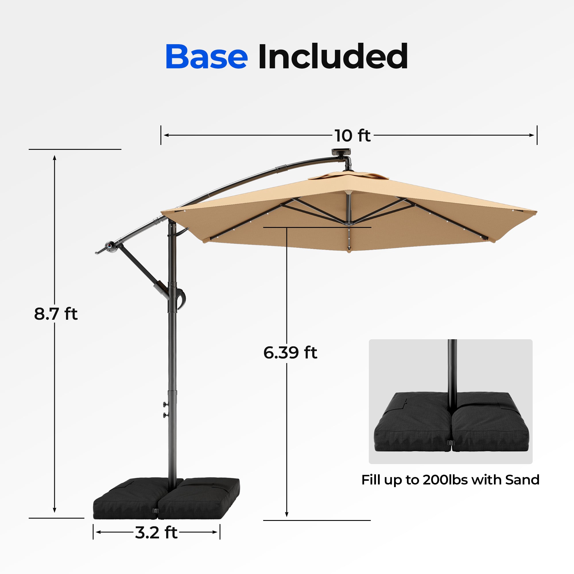 HY21LBD Cantilever Patio Umbrella with Base, Solar LED 10ft Outdoor Offset Umbrella