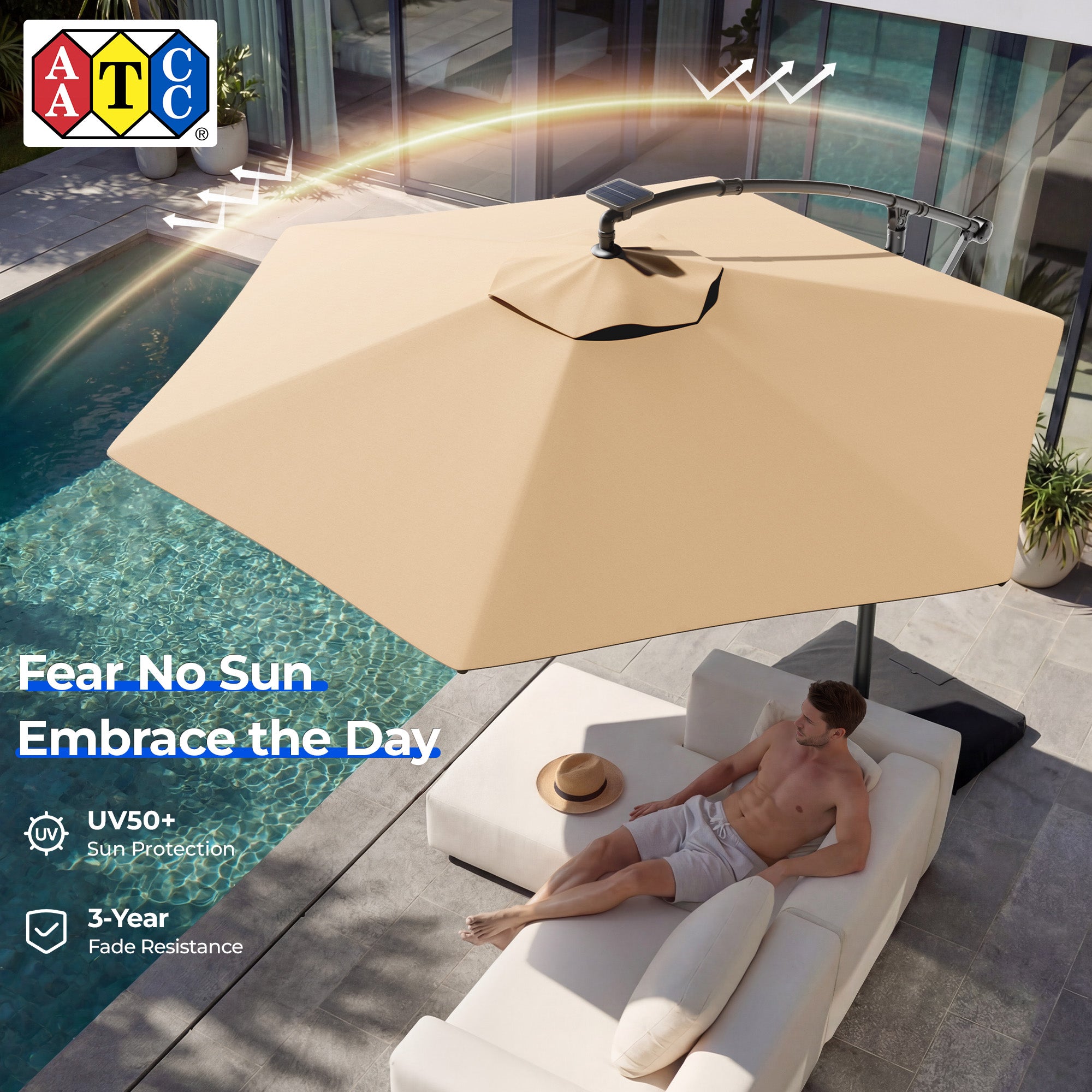 HY21LBD Cantilever Patio Umbrella with Base, Solar LED 10ft Outdoor Offset Umbrella