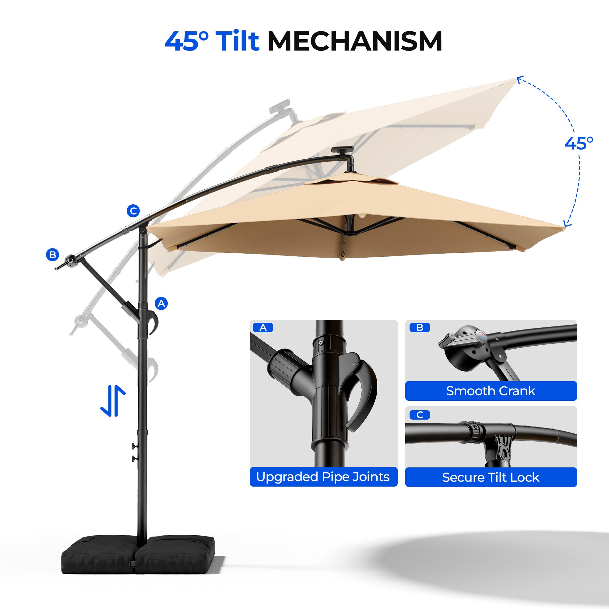 HY21LBD Cantilever Patio Umbrella with Base, Solar LED 10ft Outdoor Offset Umbrella