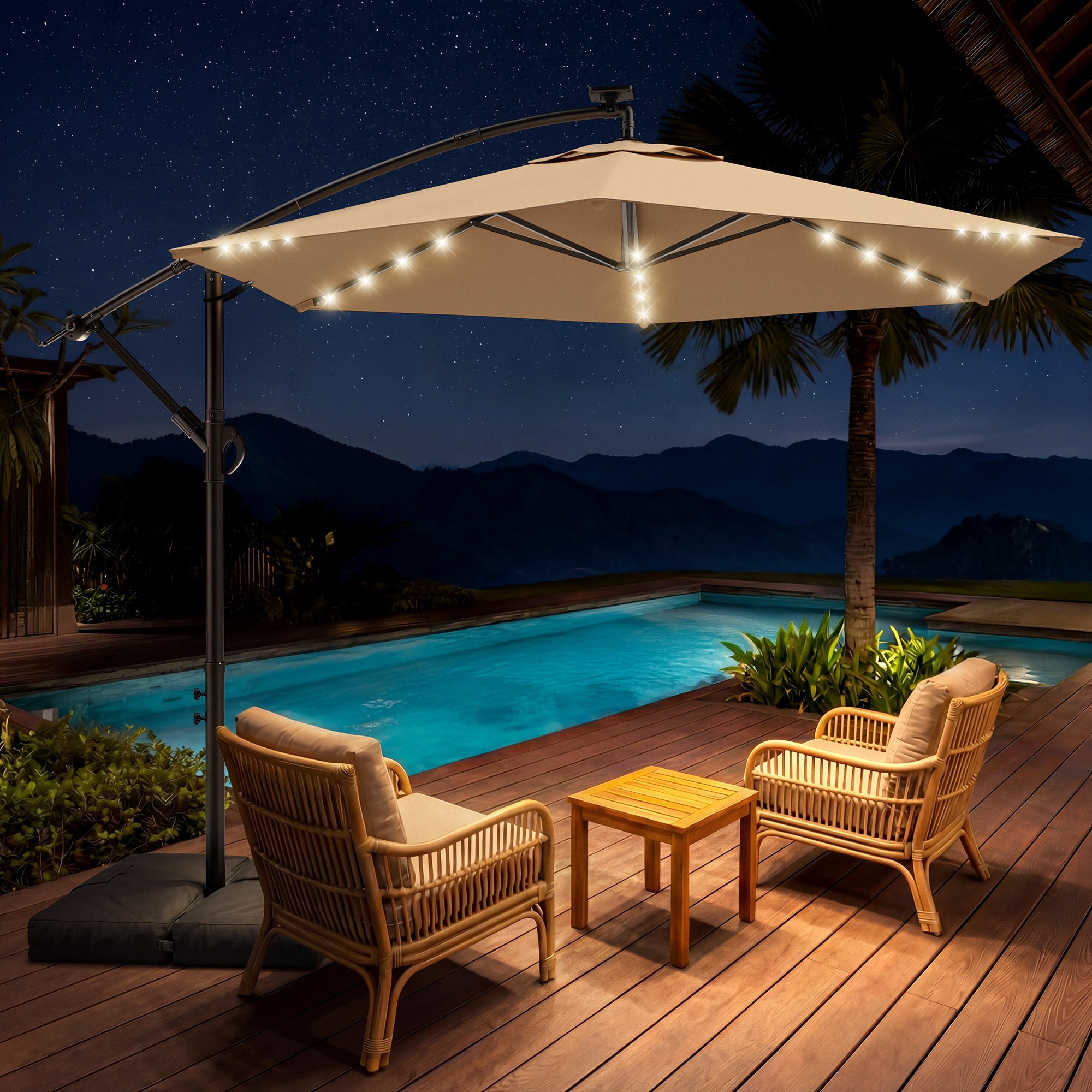 HY21LBD Cantilever Patio Umbrella with Base, Solar LED 10ft Outdoor Offset Umbrella