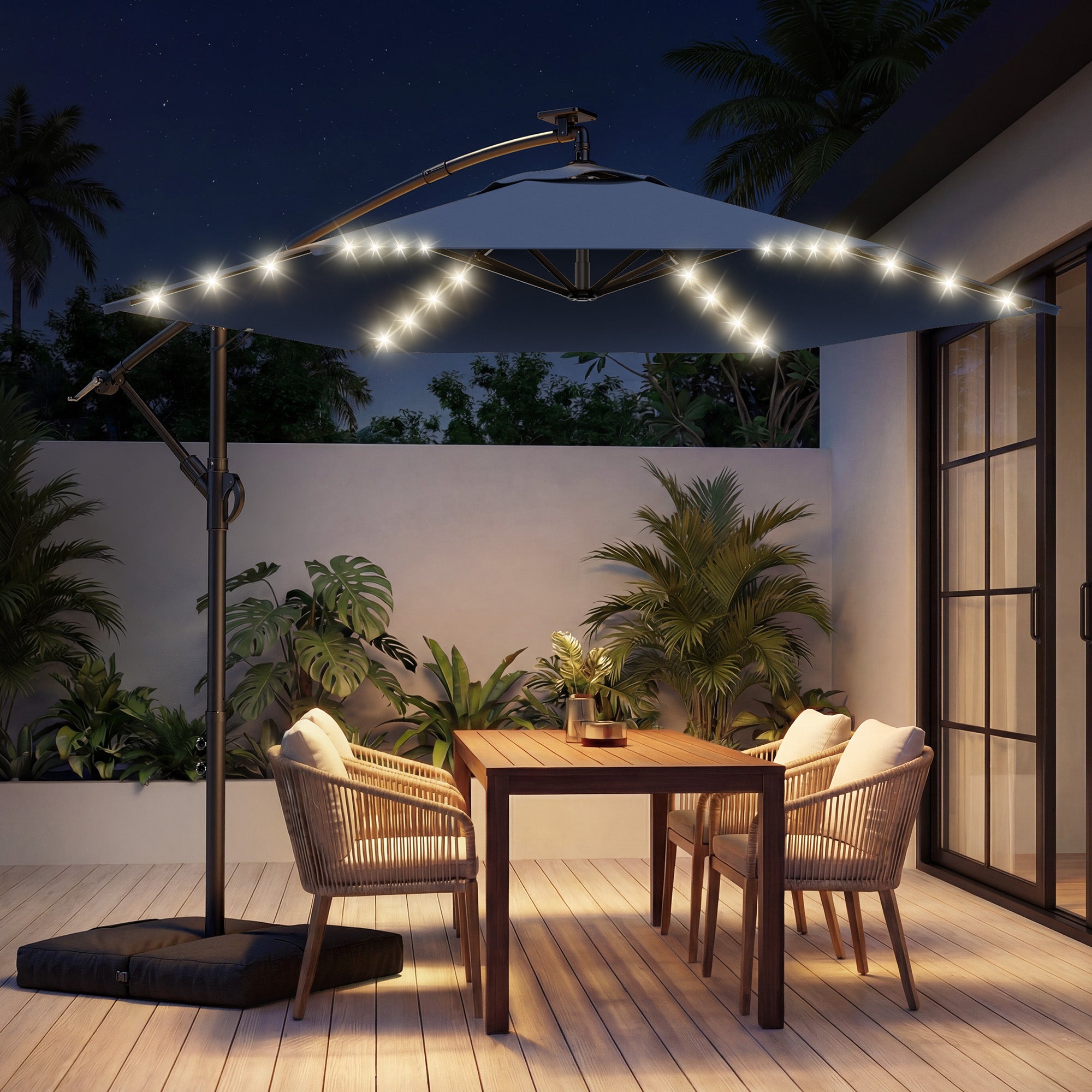 HY21LBD Cantilever Patio Umbrella with Base, Solar LED 10ft Outdoor Offset Umbrella