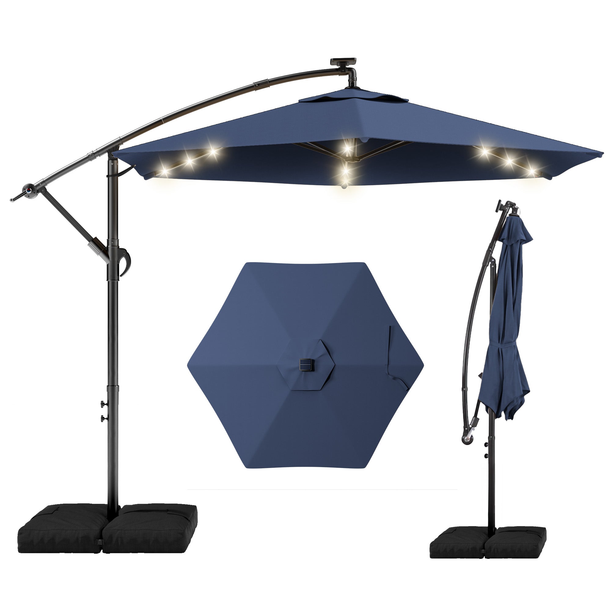 HY21LBD Cantilever Patio Umbrella with Base, Solar LED 10ft Outdoor Offset Umbrella