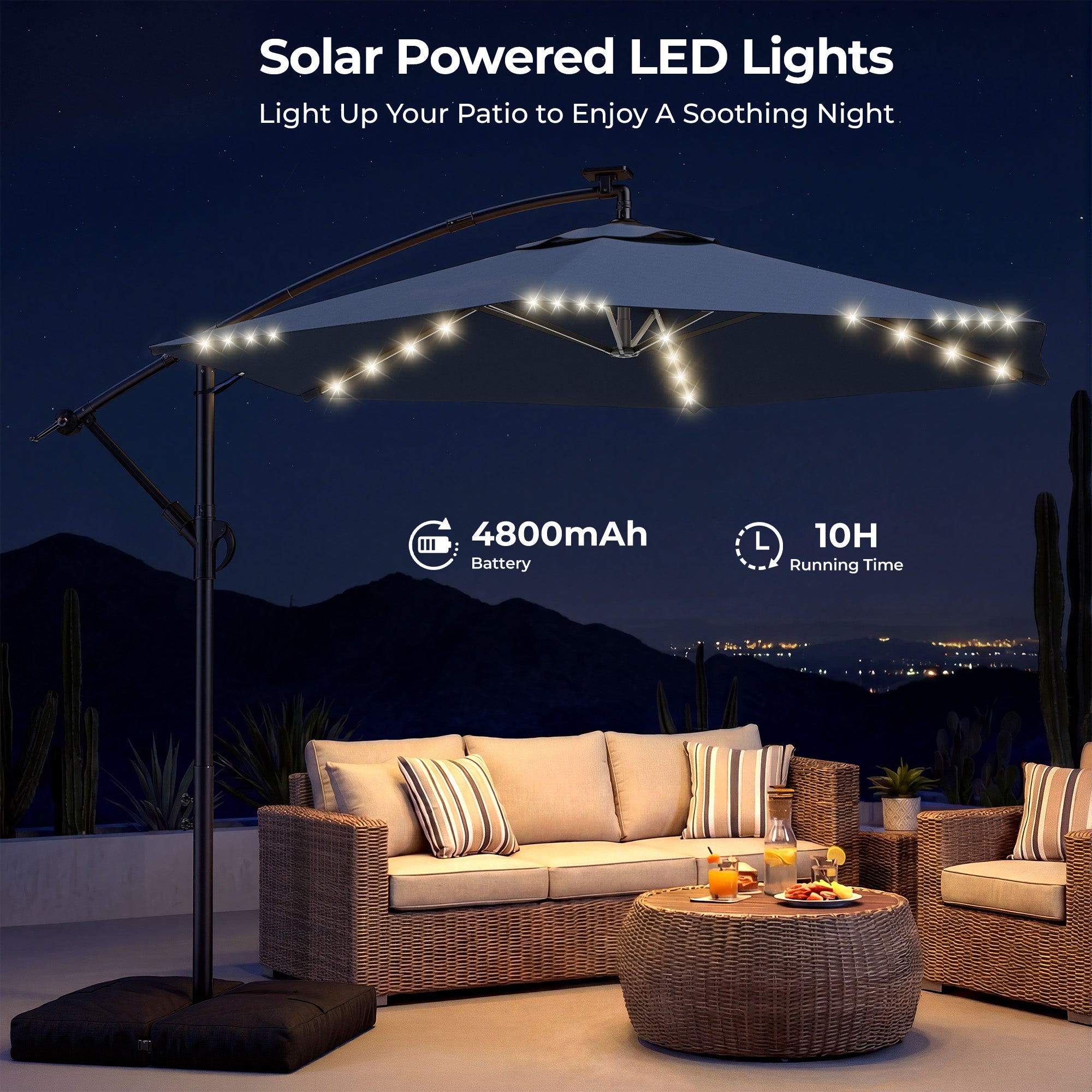 HY21LBD Cantilever Patio Umbrella with Base, Solar LED 10ft Outdoor Offset Umbrella
