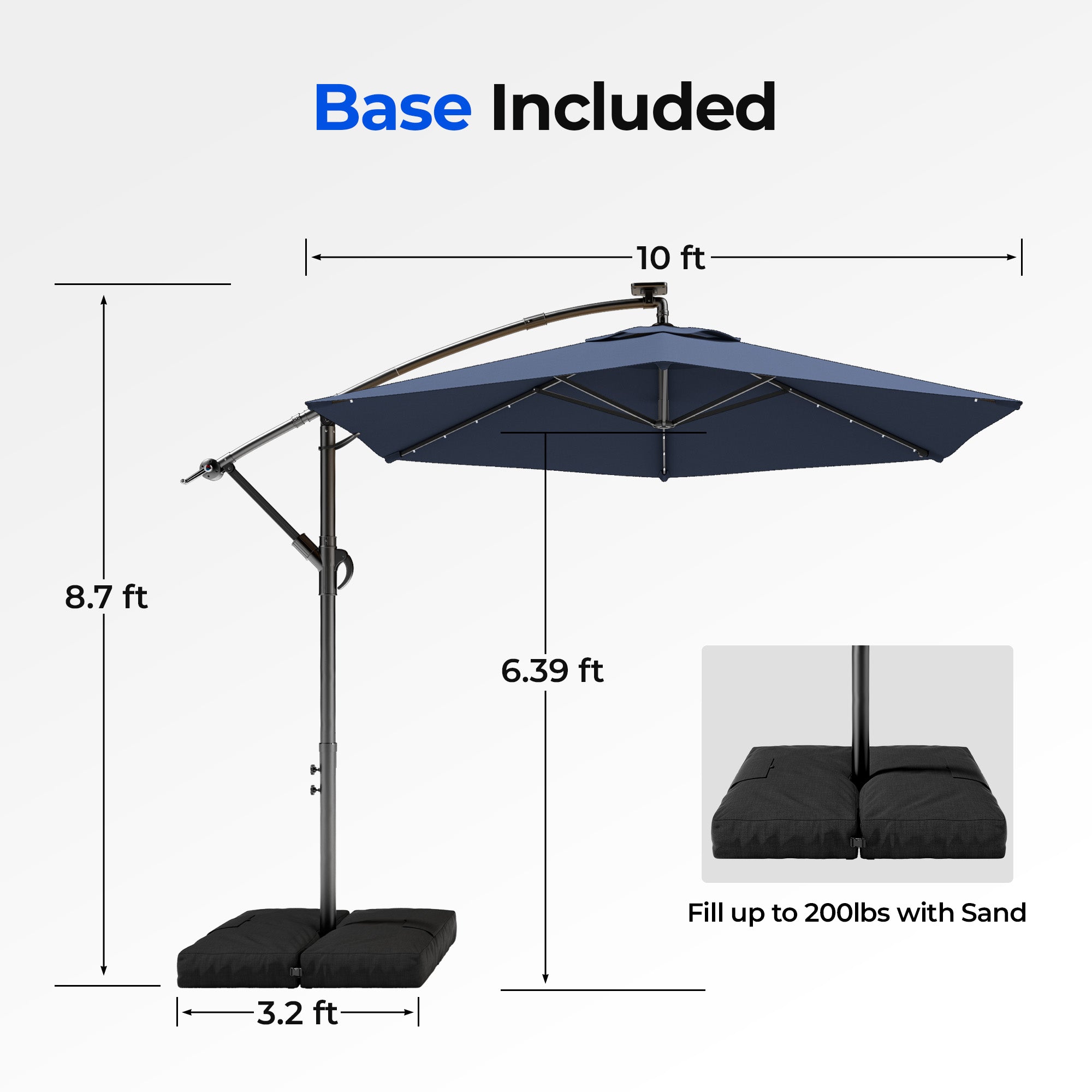HY21LBD Cantilever Patio Umbrella with Base, Solar LED 10ft Outdoor Offset Umbrella