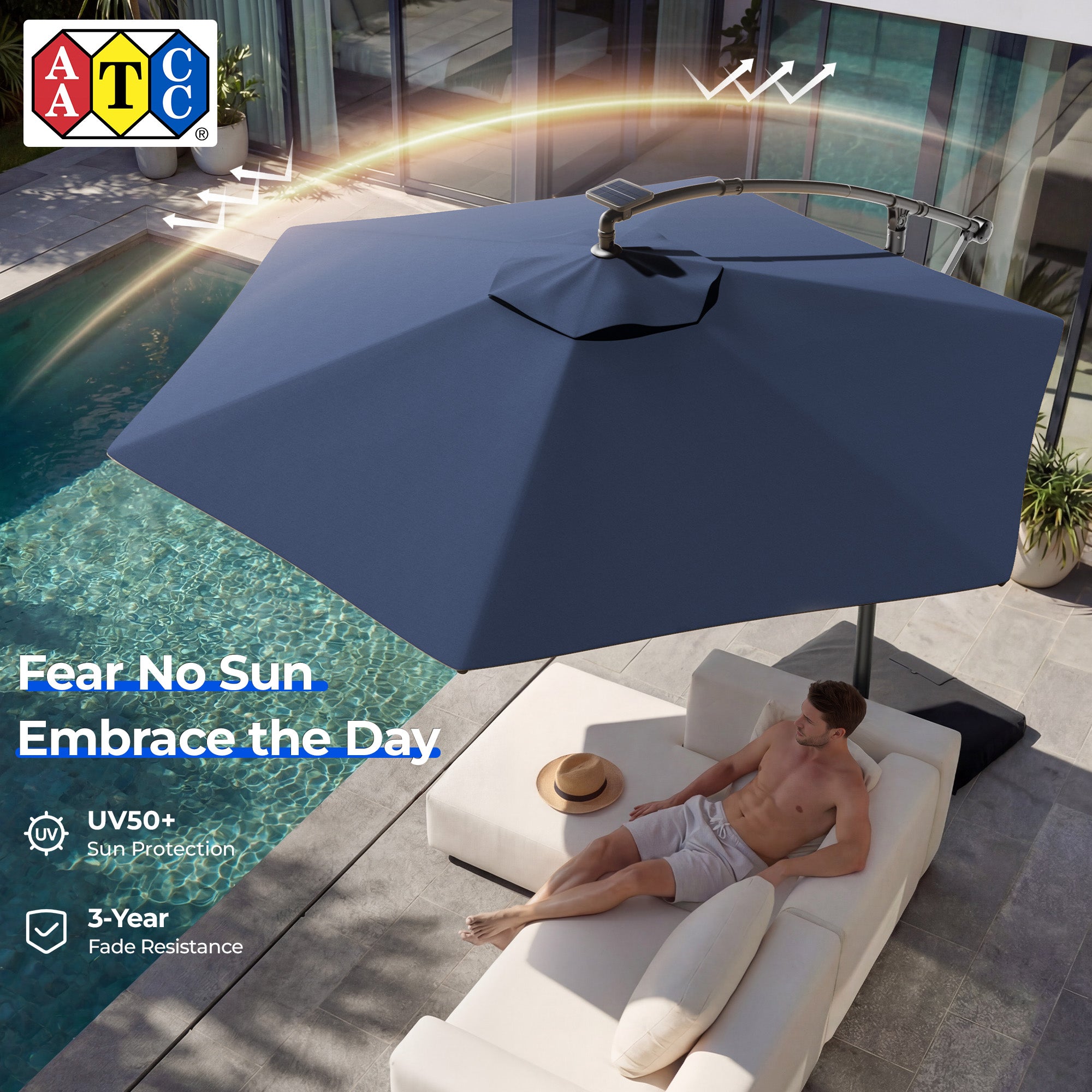 HY21LBD Cantilever Patio Umbrella with Base, Solar LED 10ft Outdoor Offset Umbrella