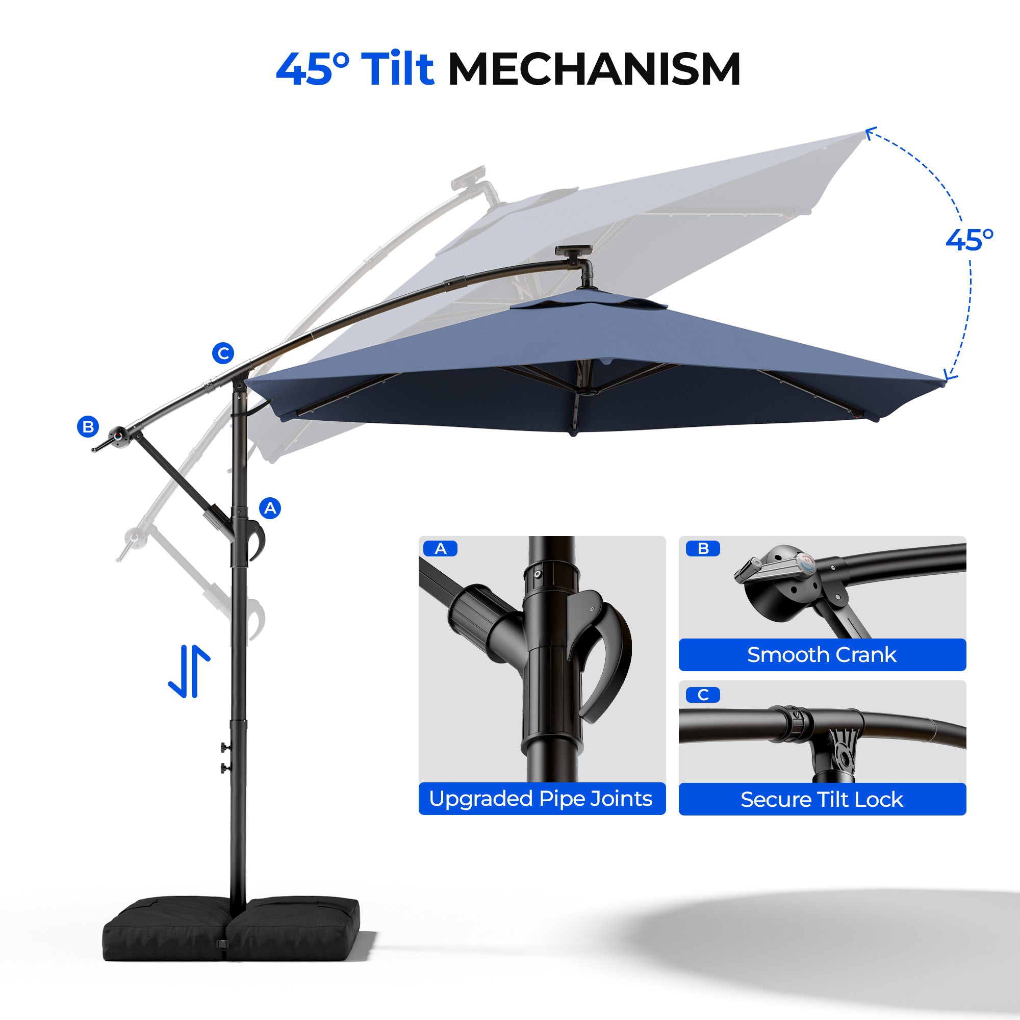 HY21LBD Cantilever Patio Umbrella with Base, Solar LED 10ft Outdoor Offset Umbrella