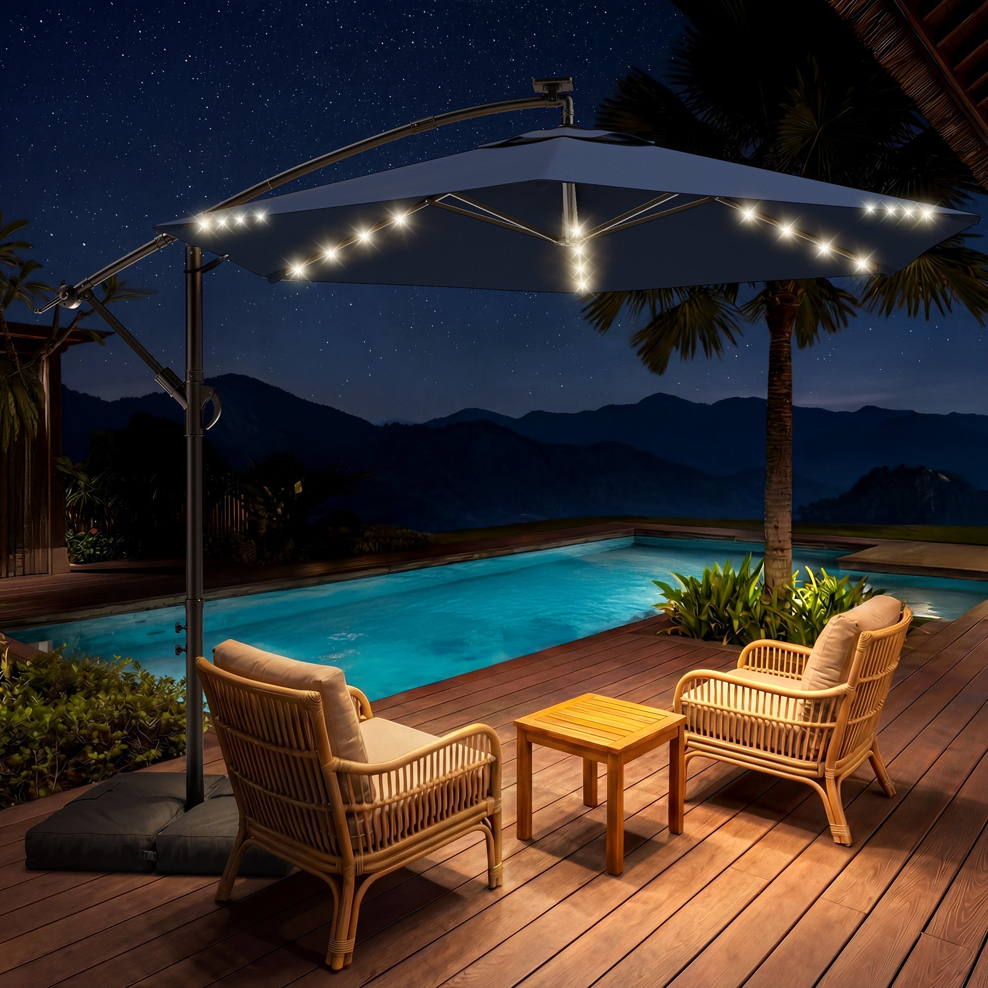 HY21LBD Cantilever Patio Umbrella with Base, Solar LED 10ft Outdoor Offset Umbrella