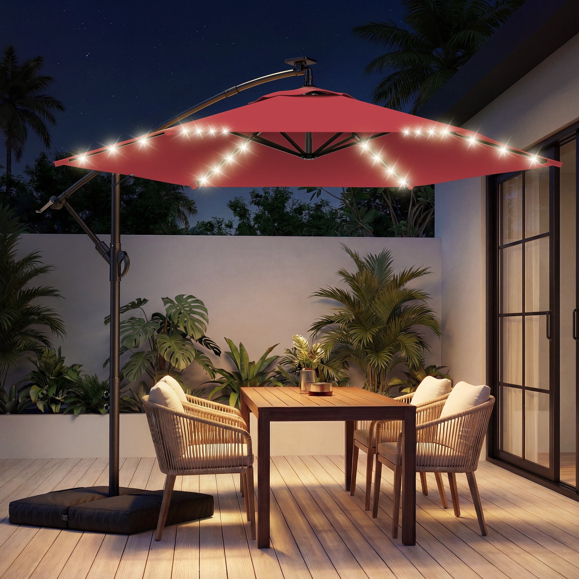 HY21LBD Cantilever Patio Umbrella with Base, Solar LED 10ft Outdoor Offset Umbrella