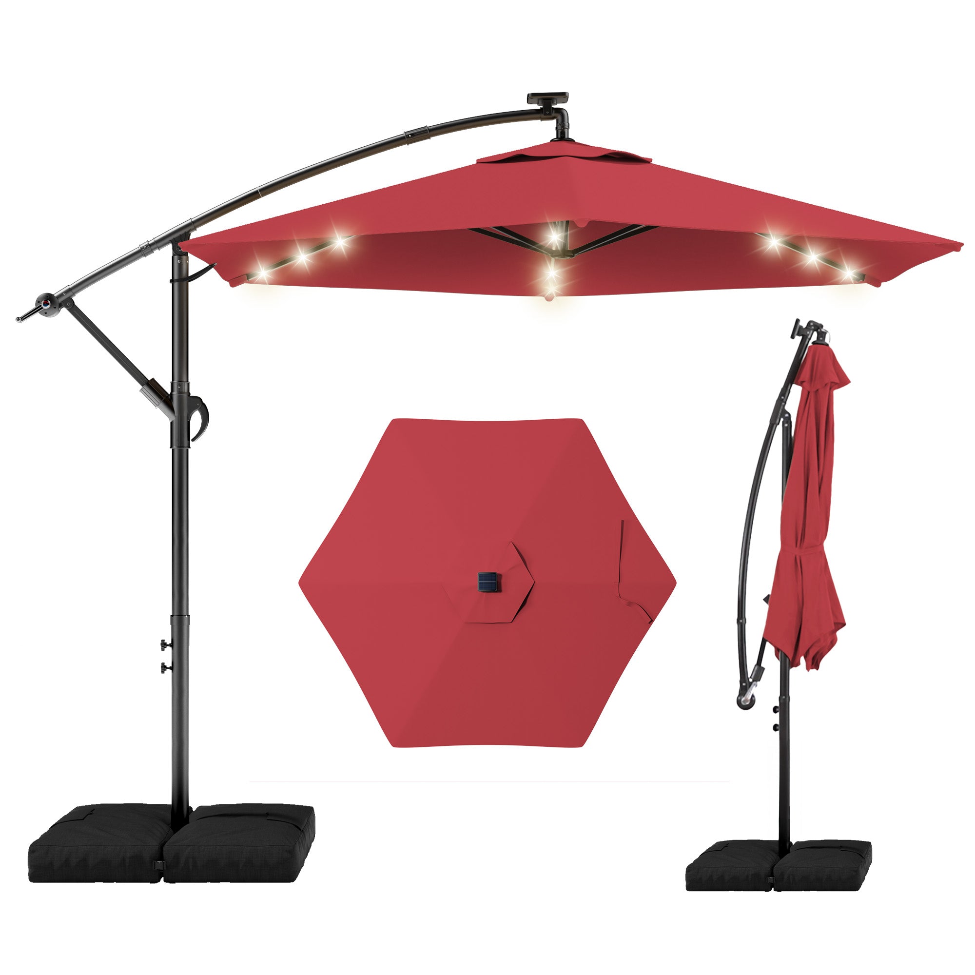 HY21LBD Cantilever Patio Umbrella with Base, Solar LED 10ft Outdoor Offset Umbrella