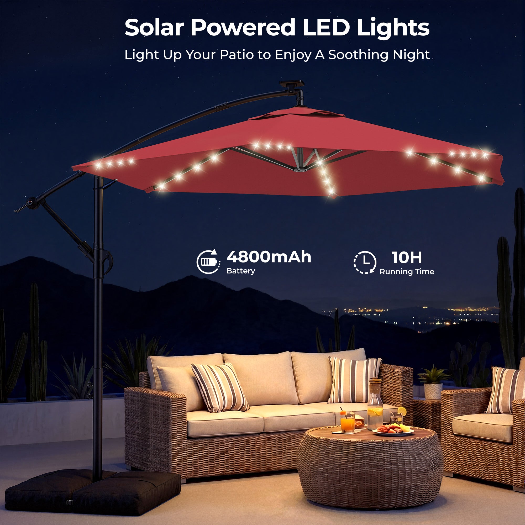 HY21LBD Cantilever Patio Umbrella with Base, Solar LED 10ft Outdoor Offset Umbrella