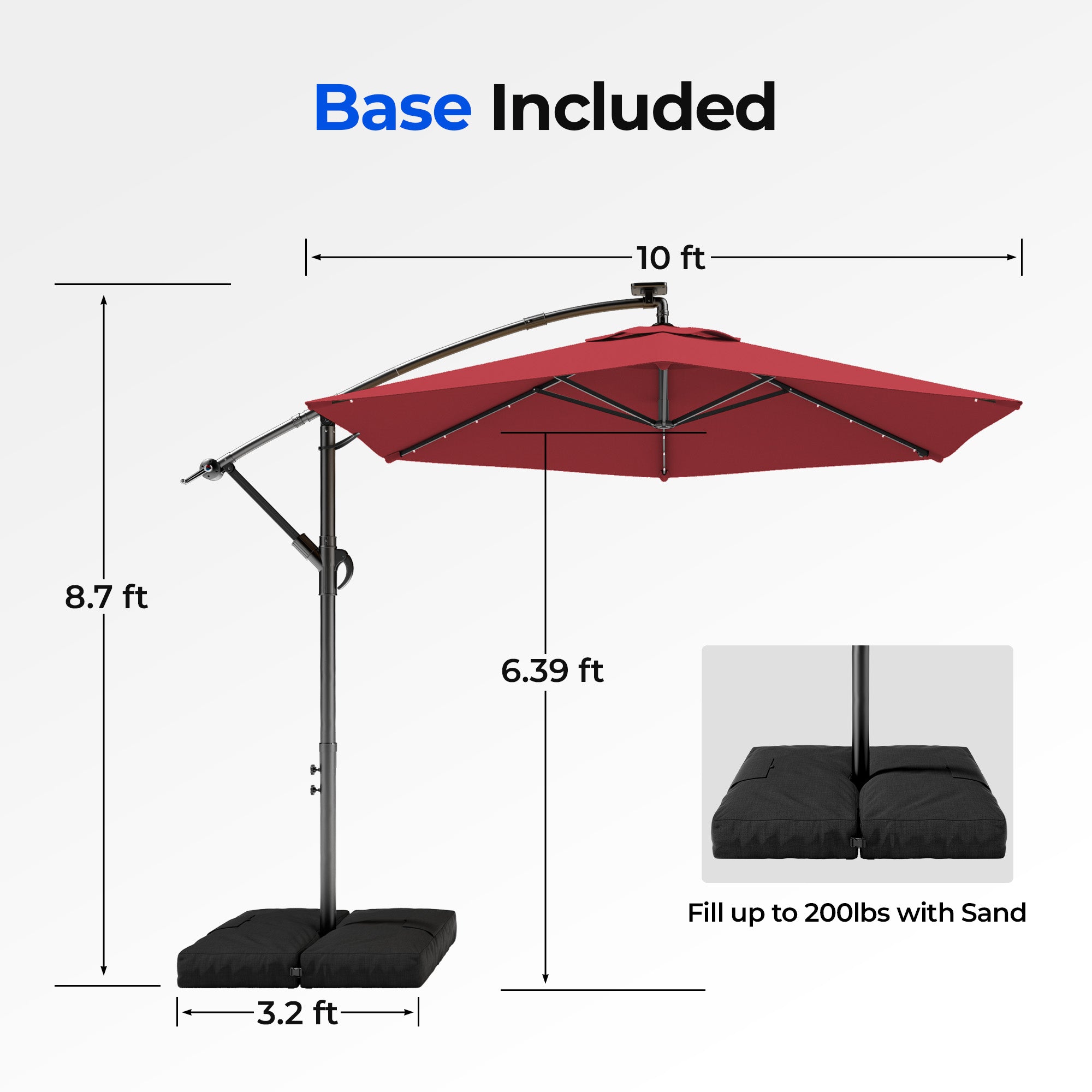 HY21LBD Cantilever Patio Umbrella with Base, Solar LED 10ft Outdoor Offset Umbrella