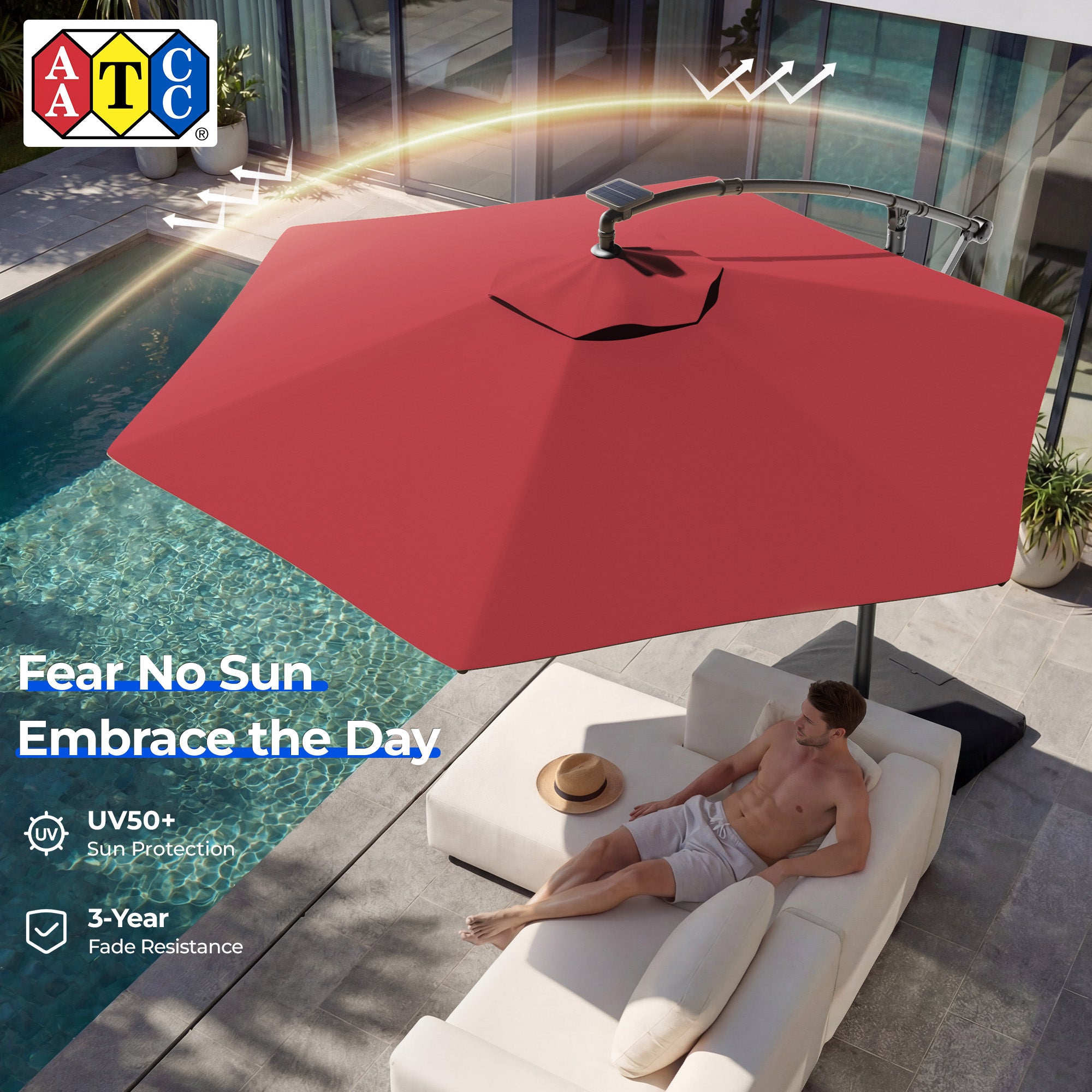 HY21LBD Cantilever Patio Umbrella with Base, Solar LED 10ft Outdoor Offset Umbrella