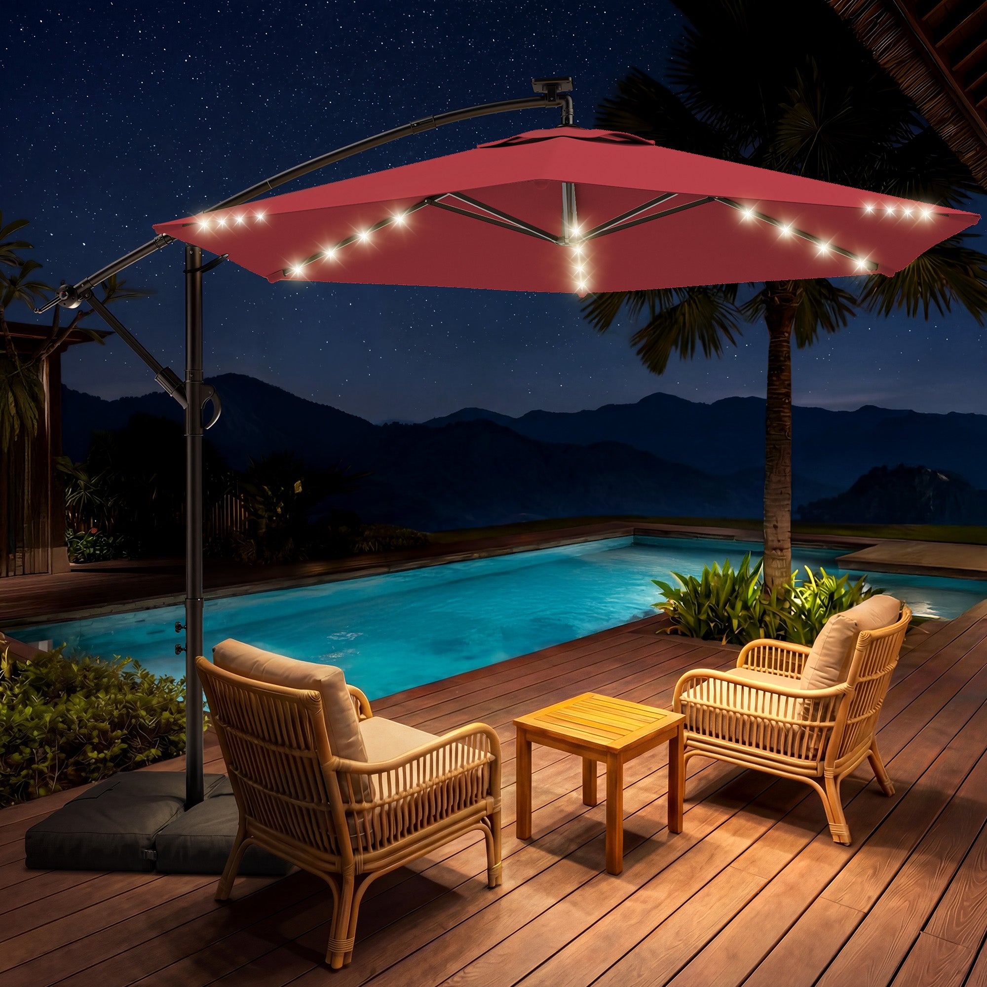 HY21LBD Cantilever Patio Umbrella with Base, Solar LED 10ft Outdoor Offset Umbrella
