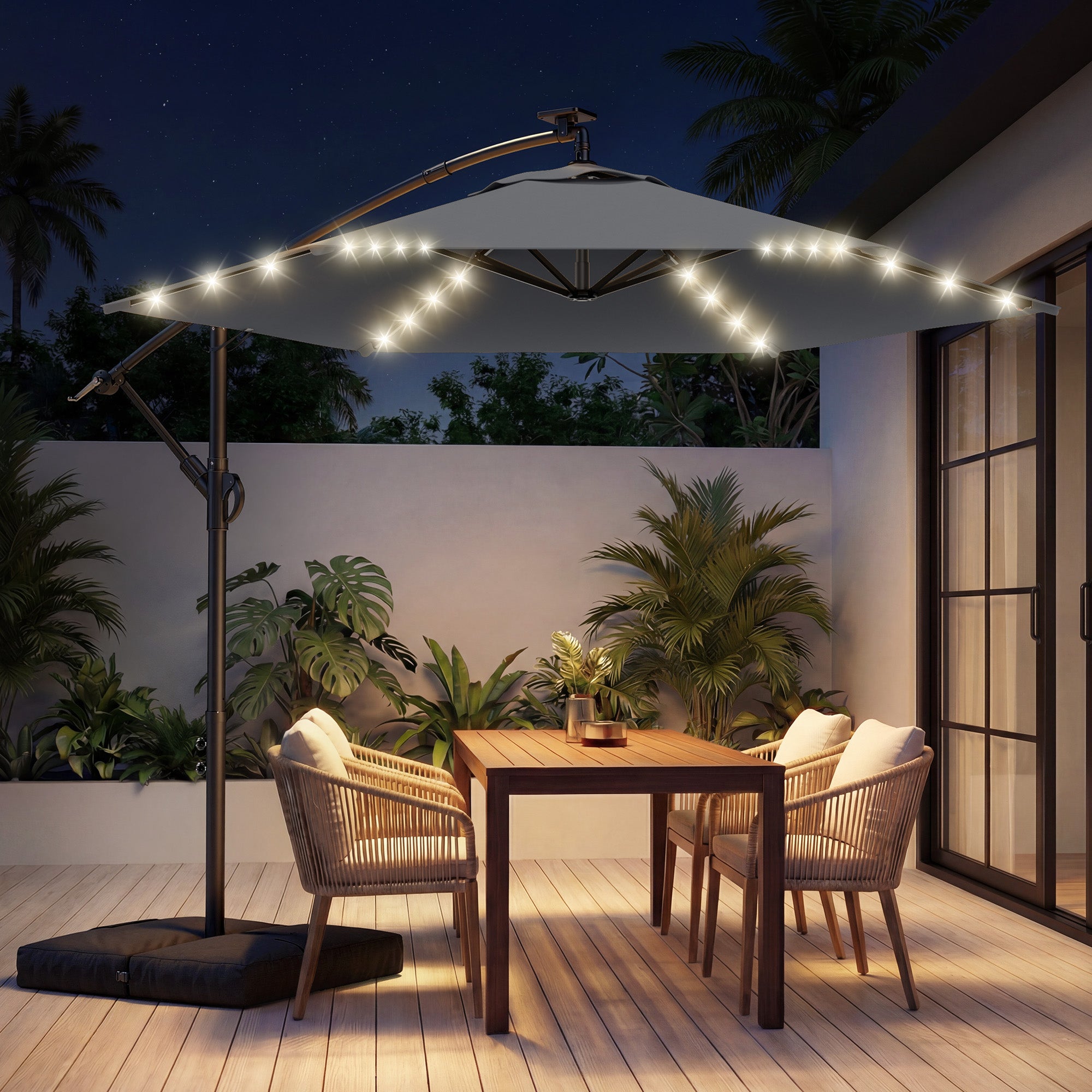HY21LBD Cantilever Patio Umbrella with Base, Solar LED 10ft Outdoor Offset Umbrella