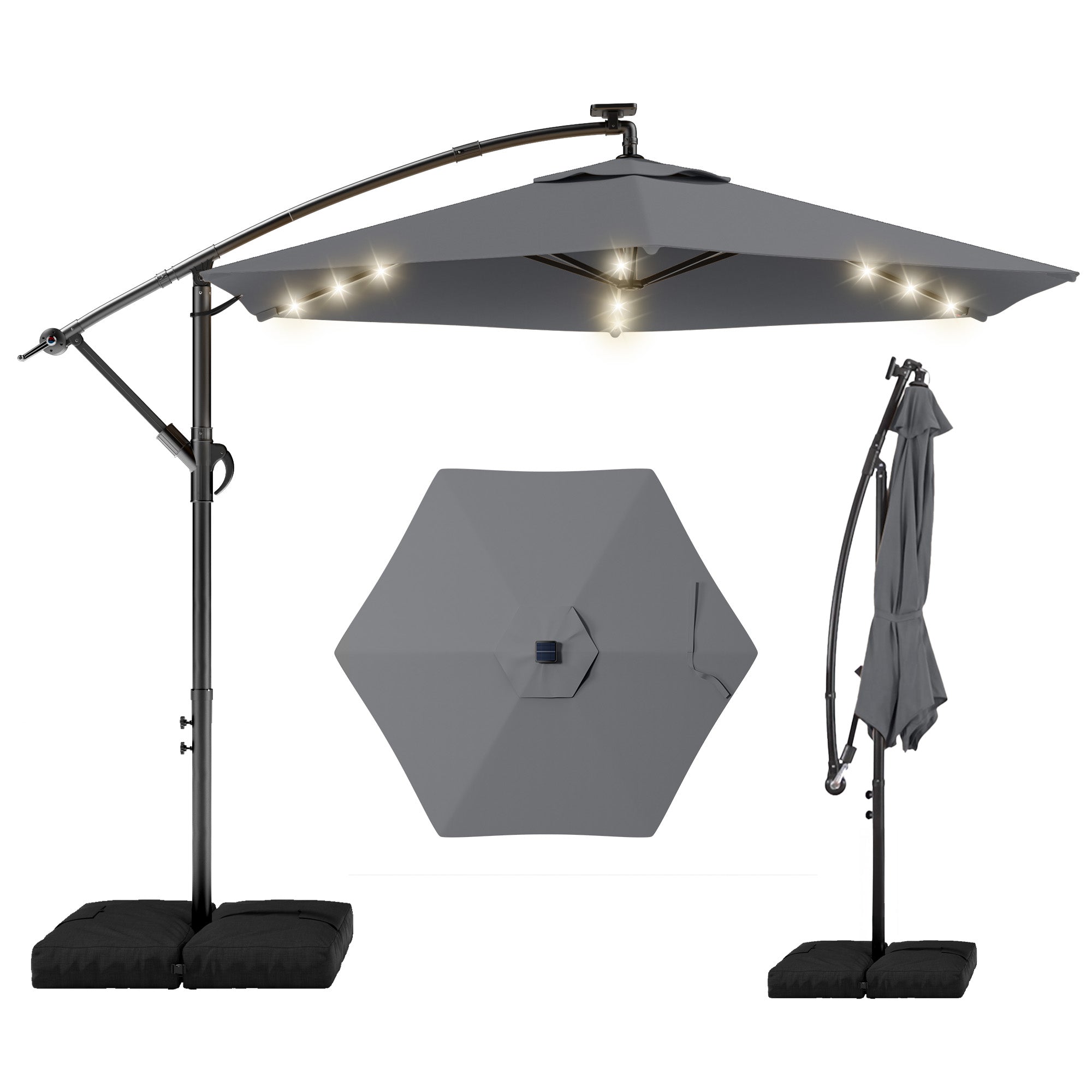 HY21LBD Cantilever Patio Umbrella with Base, Solar LED 10ft Outdoor Offset Umbrella